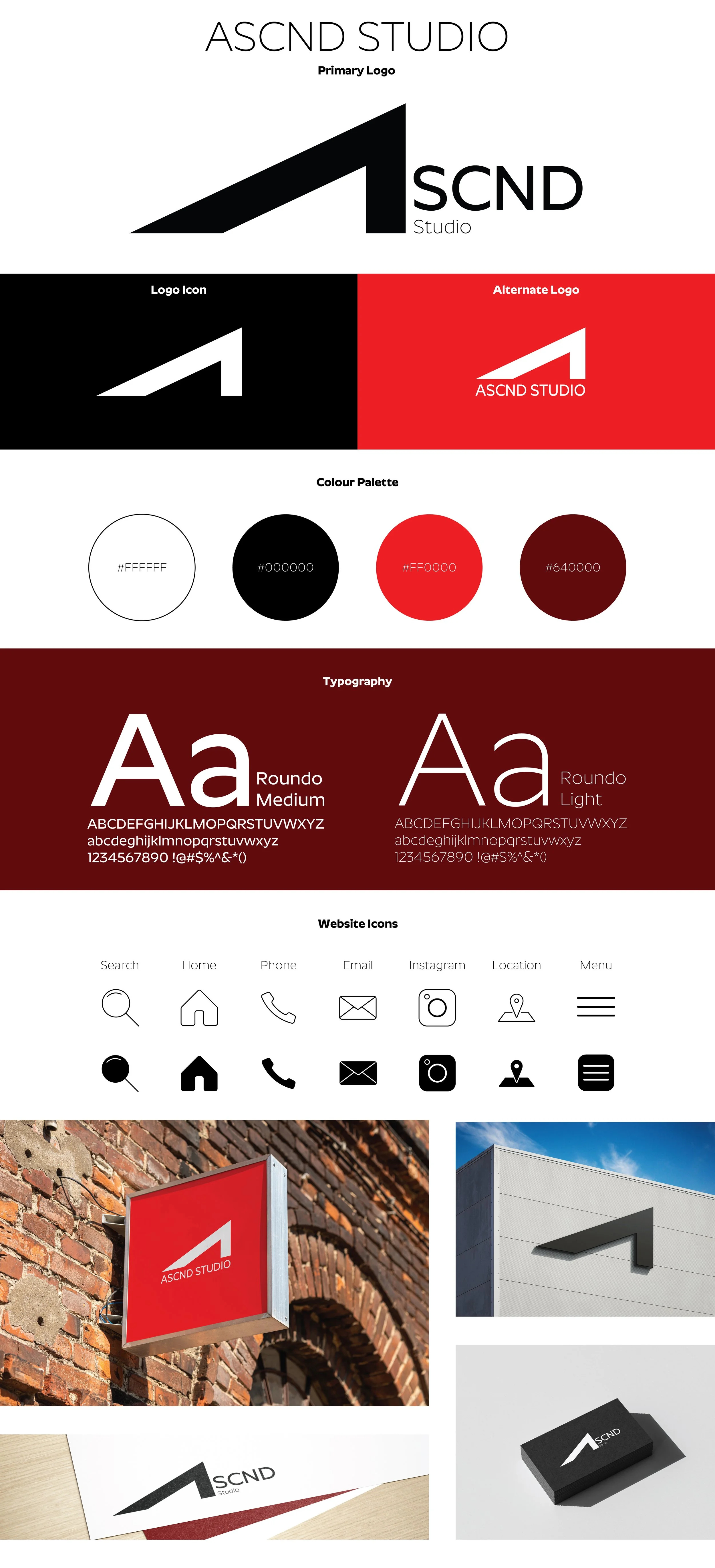 Brand identity design board for ASCND Studio, featuring primary, alternate logos, color palette, typography styles, website icons, and sample branding applications.