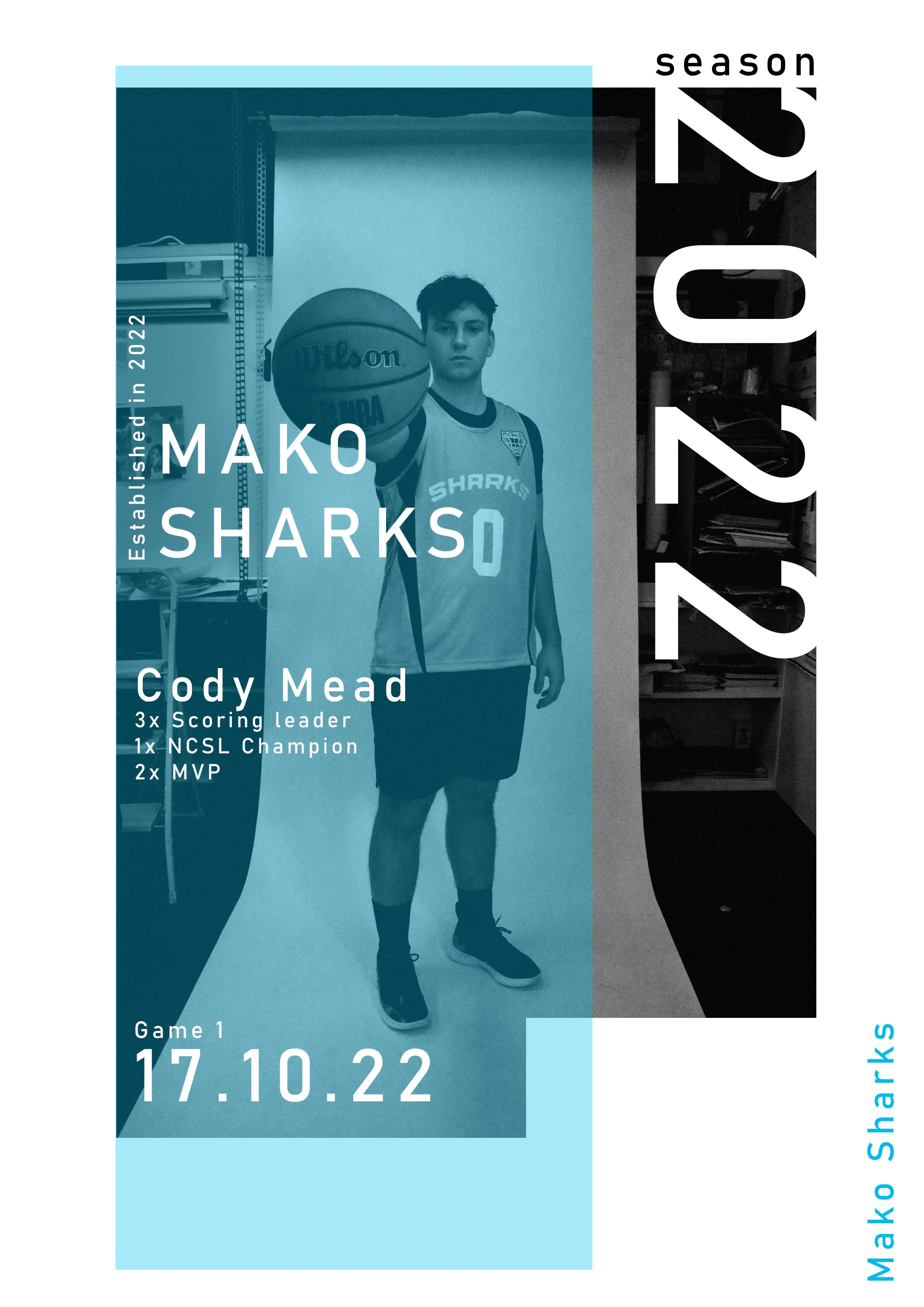 Poster featuring a young basketball player holding a basketball, with text details about a game and player achievements, including date, game number, and team information.