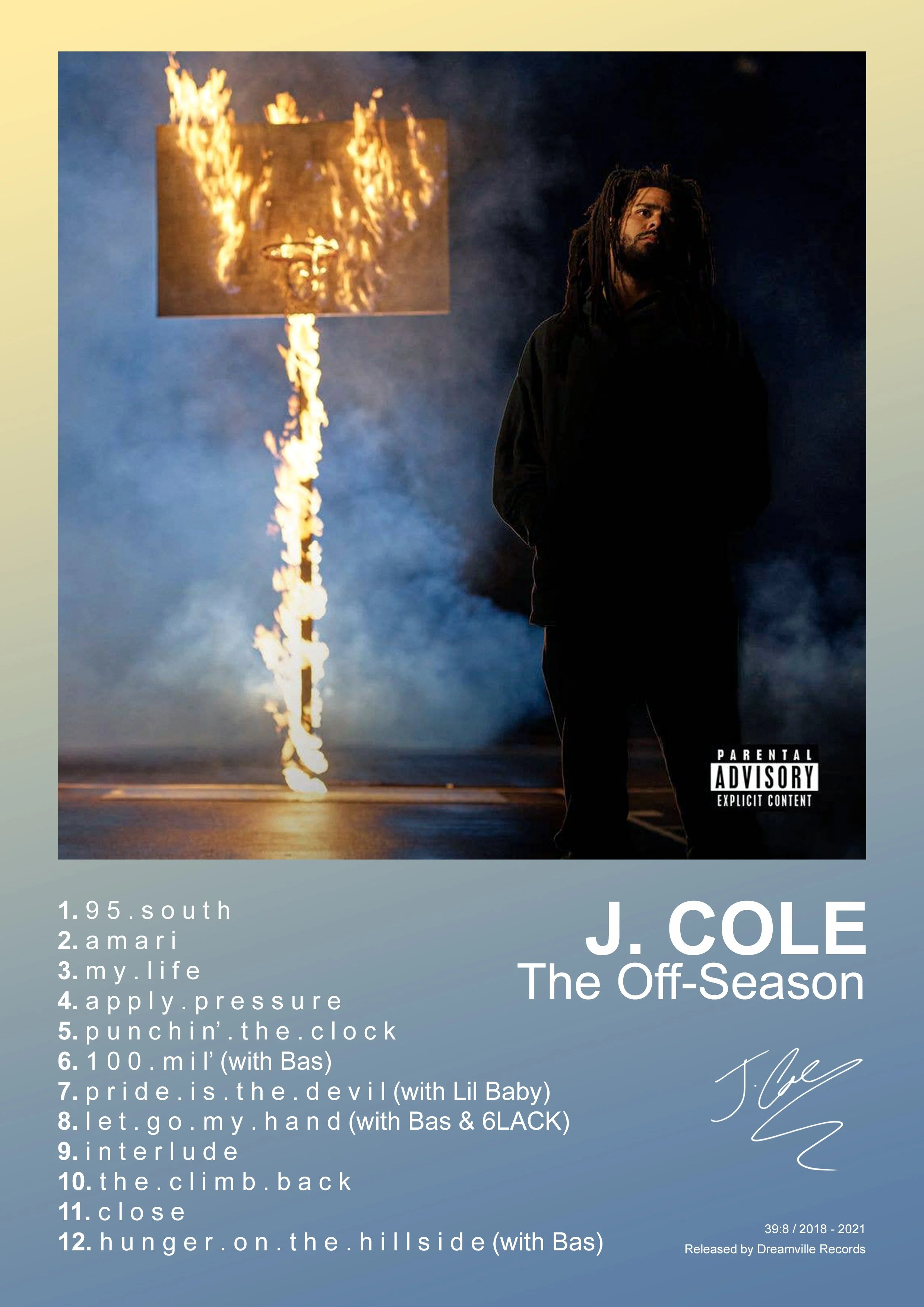 Album cover of J. Cole's "The Off-Season" with a silhouette of a man standing next to a basketball hoop that is on fire, set against a smoky background.