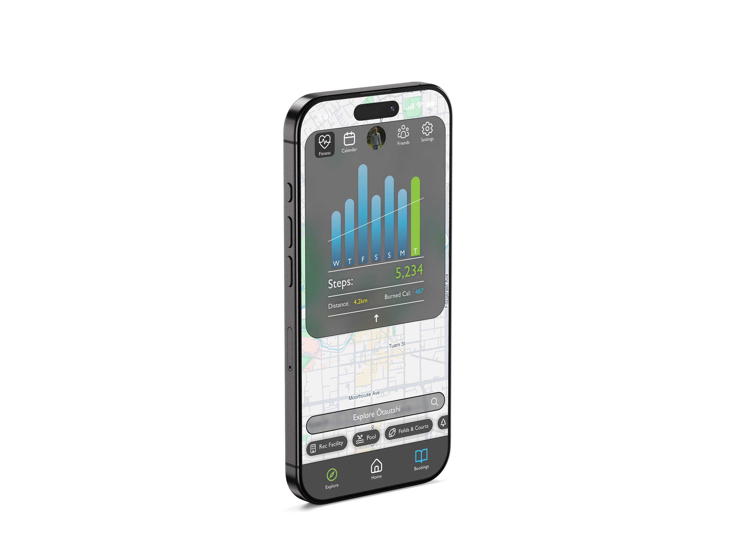 Smartphone displaying a fitness tracking app with a weekly step count graph and map background.