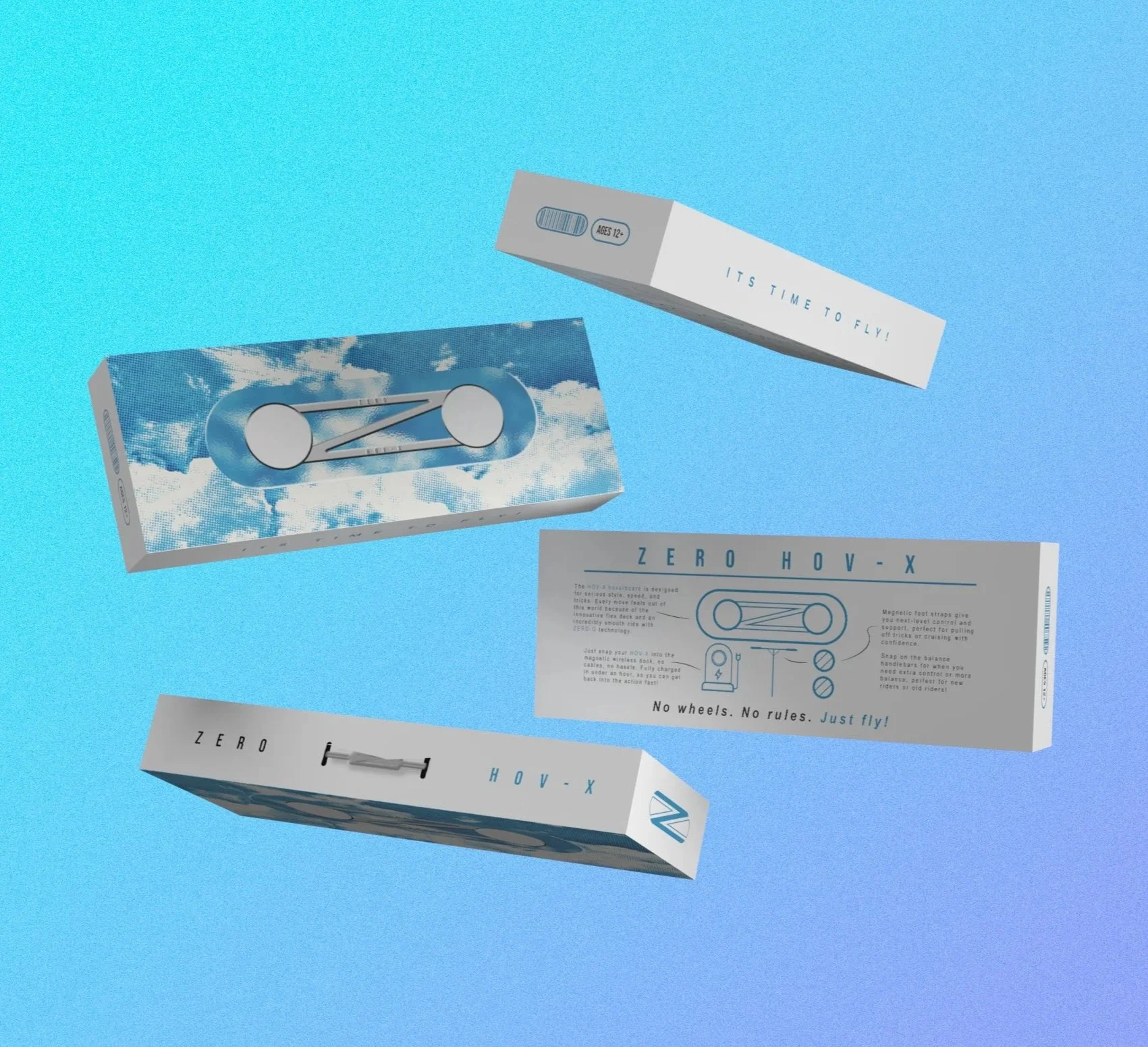Four boxes of hover shoes floating against a blue sky background, with one box showing the hover shoe technology with clouds, one box labeled 'Zero HOV-X', another with instructions, and one with a 'It's time to fly' message.