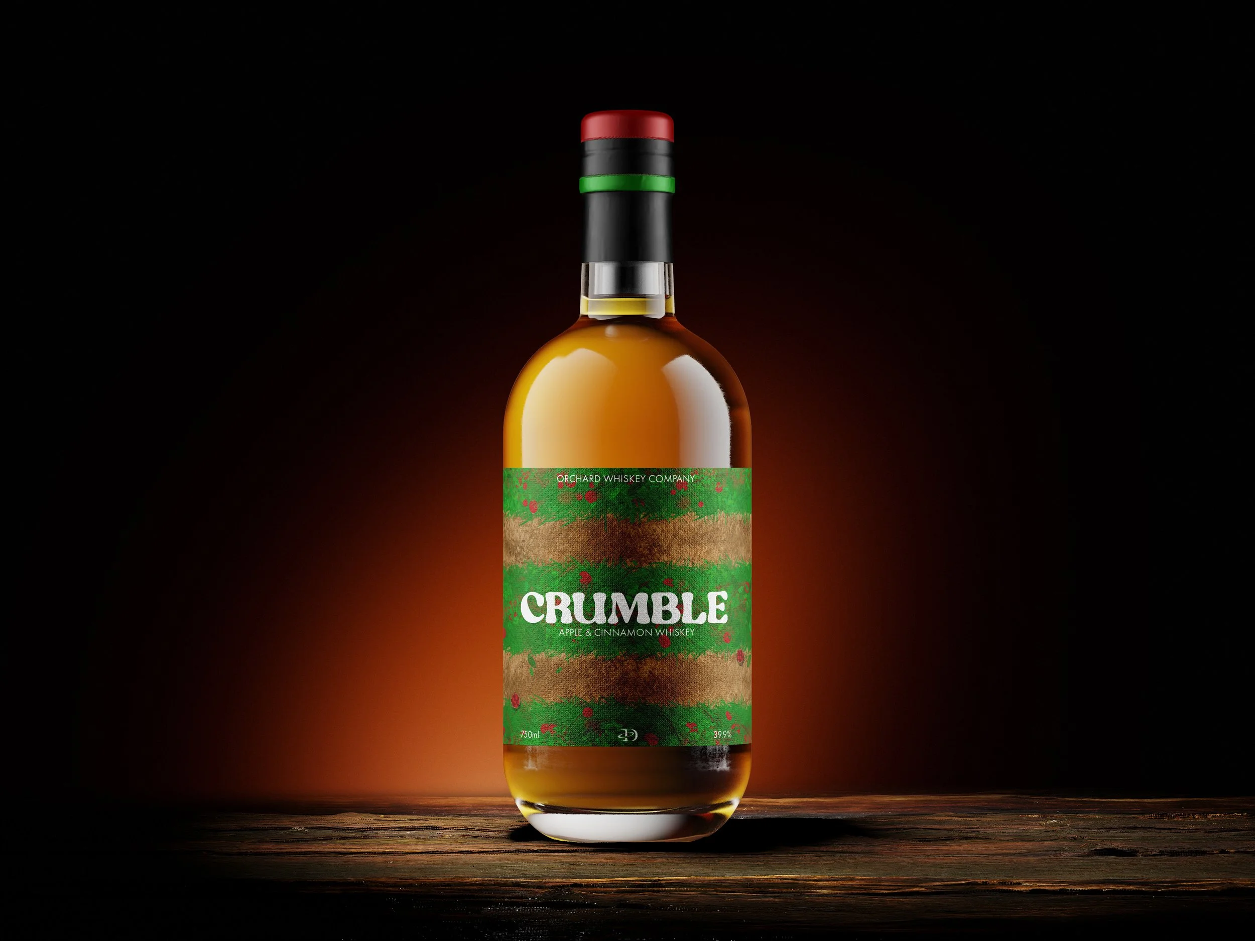 Bottled whiskey labeled 'Crumble' with apple and cinnamon flavor standing on a wooden surface with a dark background.