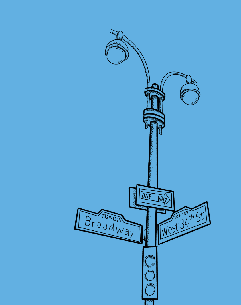Illustration of a street signpost at an intersection with signs pointing to Broadway and West 34th Street, along with a one-way sign, mounted on a pole with a streetlamp above, against a blue sky background.