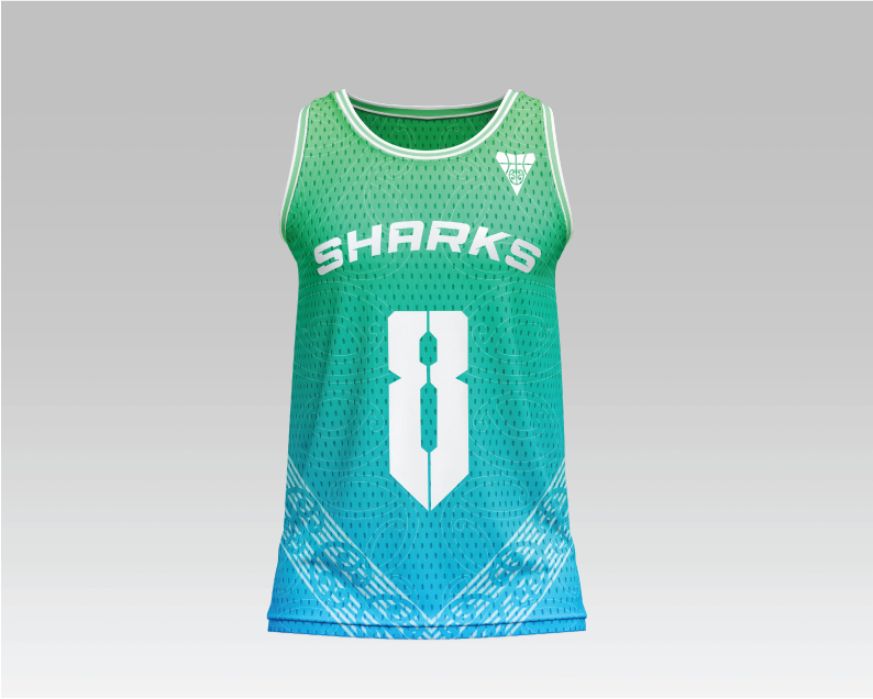 Green and blue sports jersey with the word 'SHARKS' and the number 8 on the front, and a logo on the upper right chest.