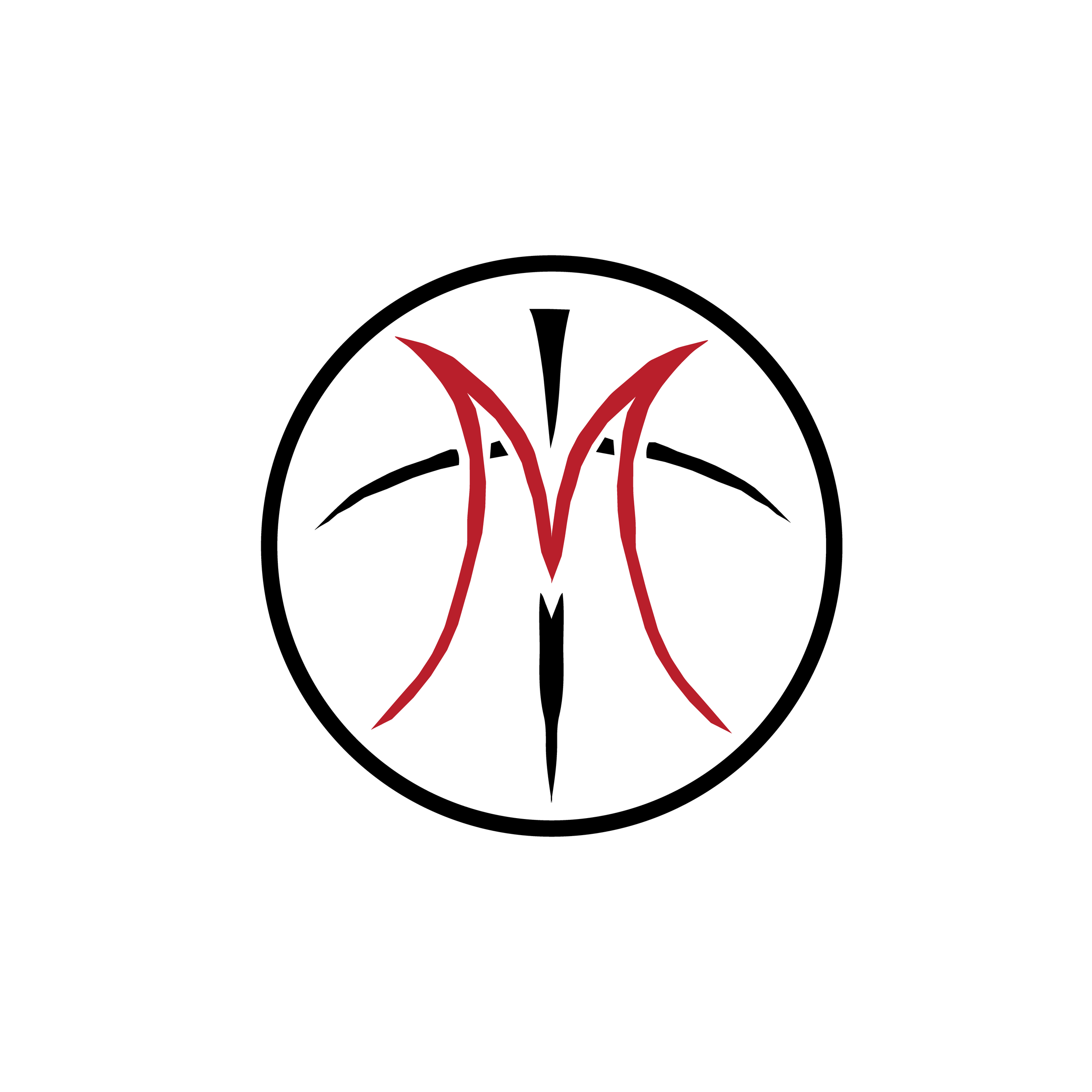 A circular logo with a black border, featuring stylized red and black lines inside.