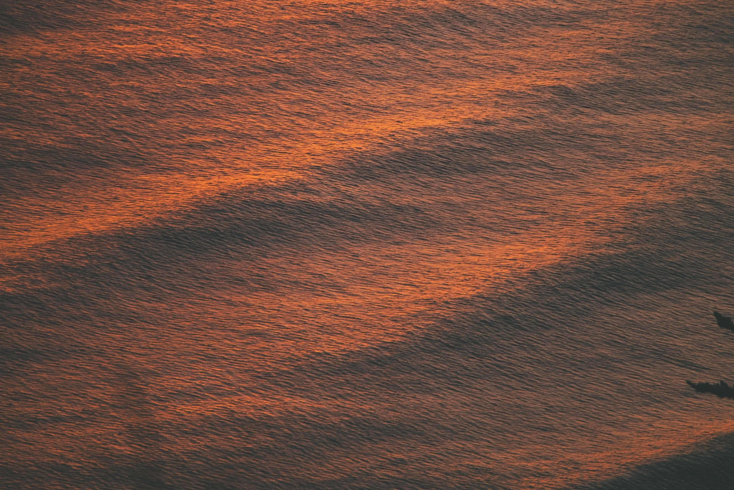 Close-up of ocean water during sunset, showing ripples with a glowing orange hue.