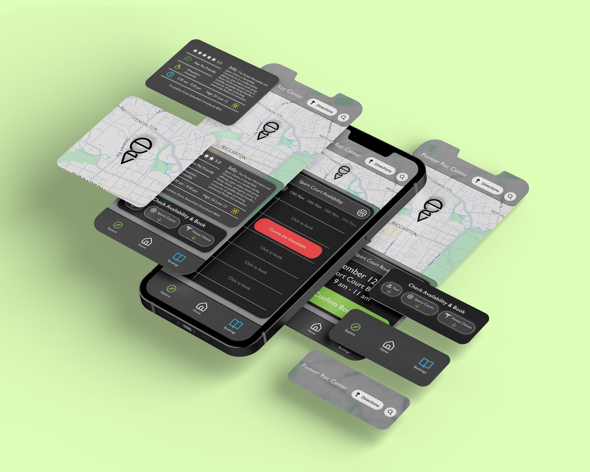 Multiple overlapping screens of a mobile app for booking rec center courts, showing maps, booking options, and navigation icons on a green background.