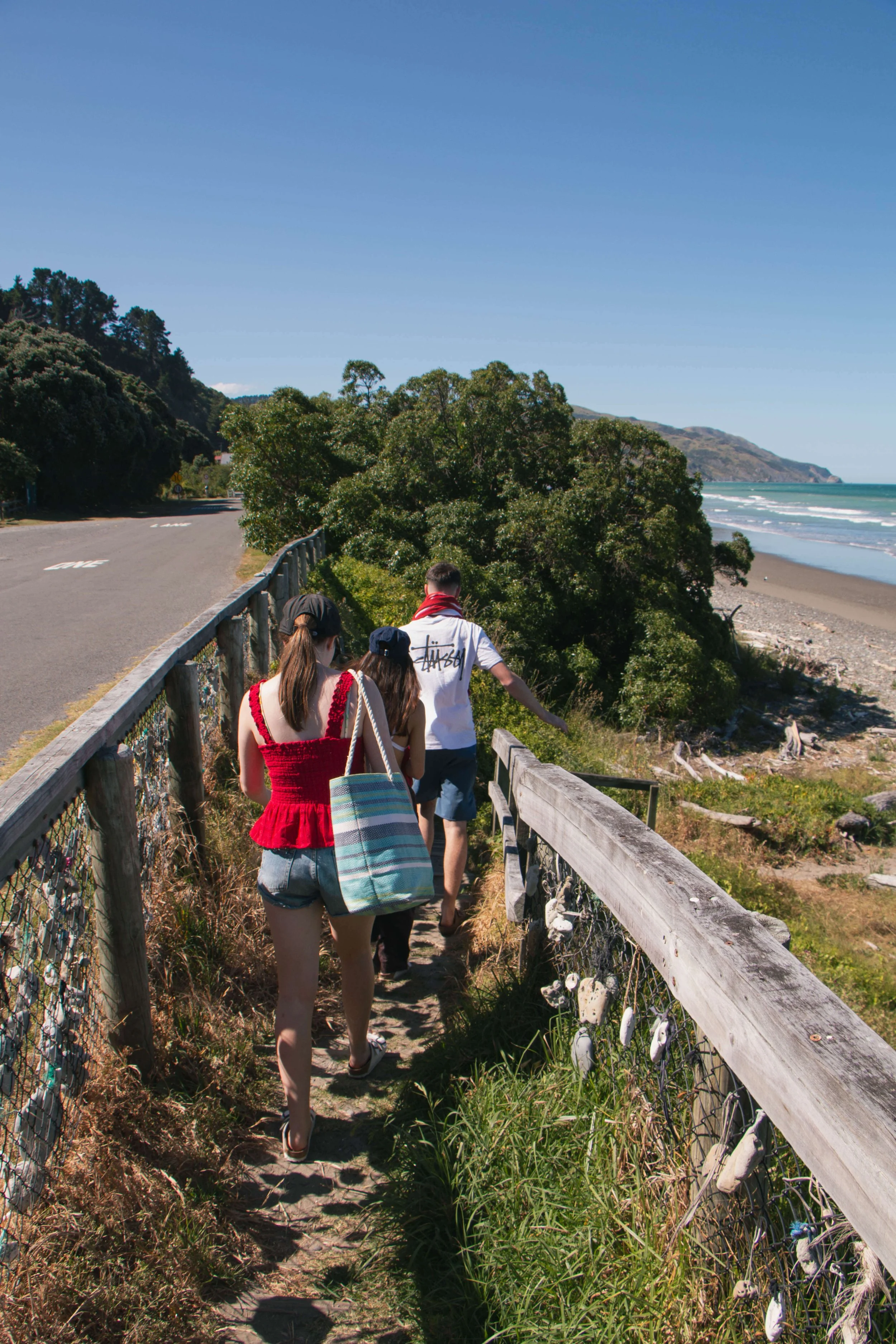 Group of people walking on a coastal trail with view of the beach and ocean.