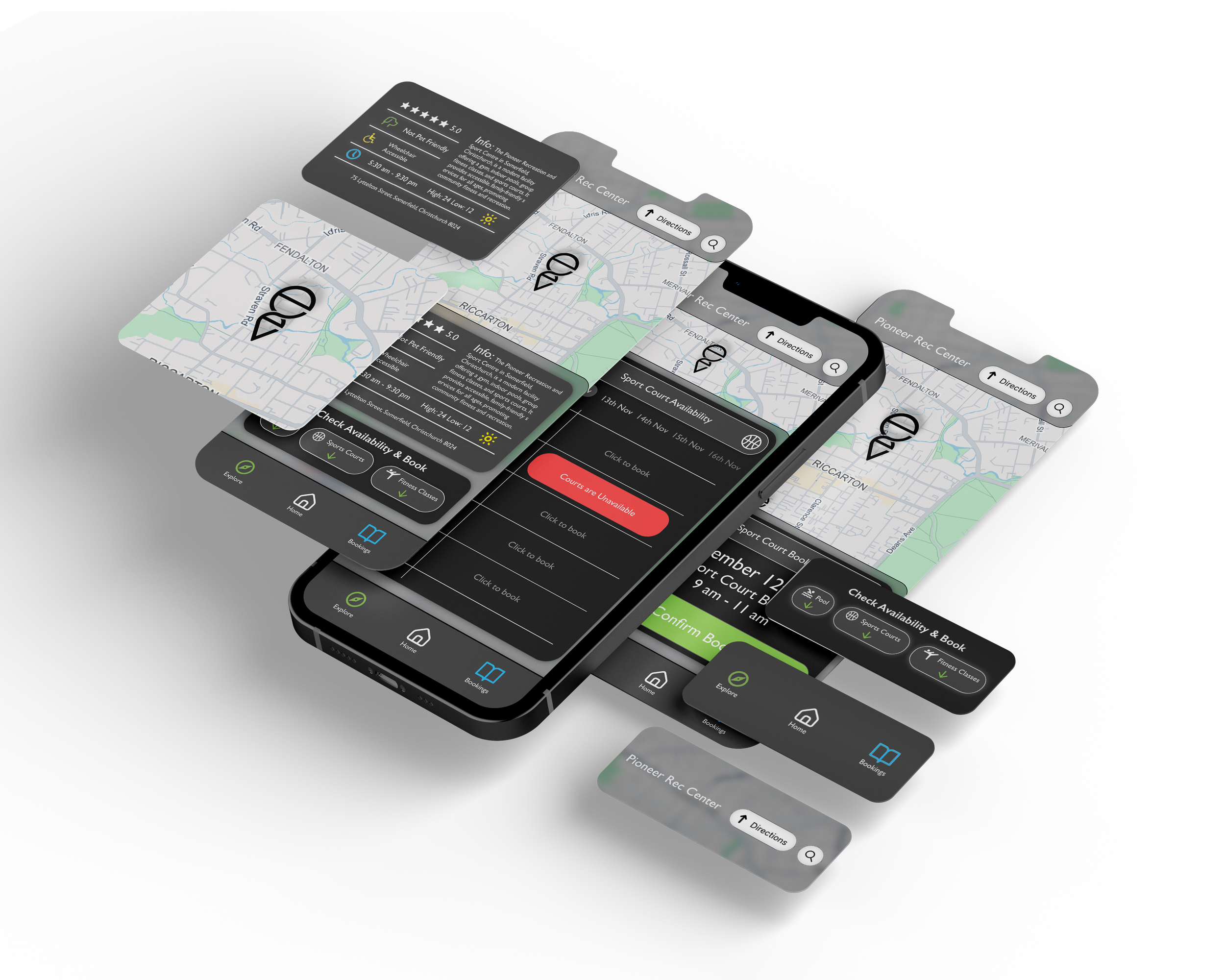 Multiple smartphone screens displaying a map and booking interface for a recreation center, with booking options, check availability, and navigation buttons on a dark background.