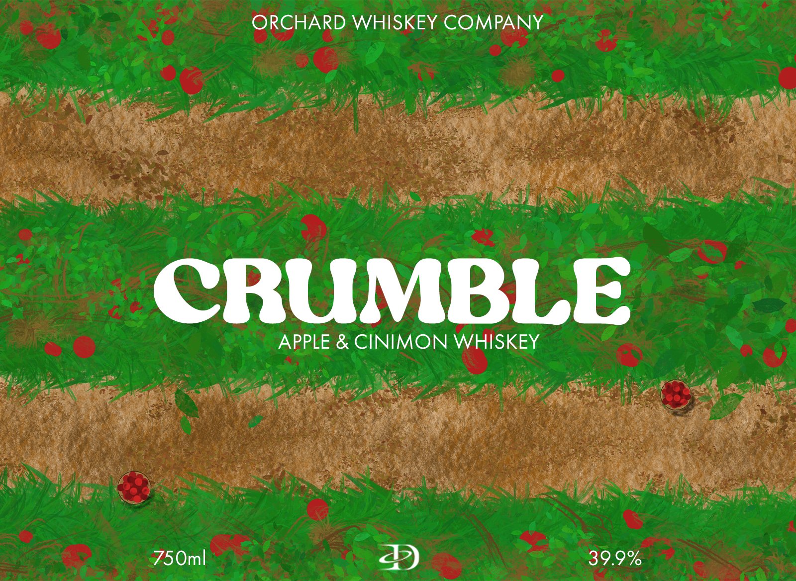 A label for Orchard Whiskey Company reads "CRUMBLE" in large white letters, with "Apple & Cinnamon Whiskey" underneath. The background has a green leafy design with red berries and a brown horizontal stripe resembling a crumb or dirt path.
