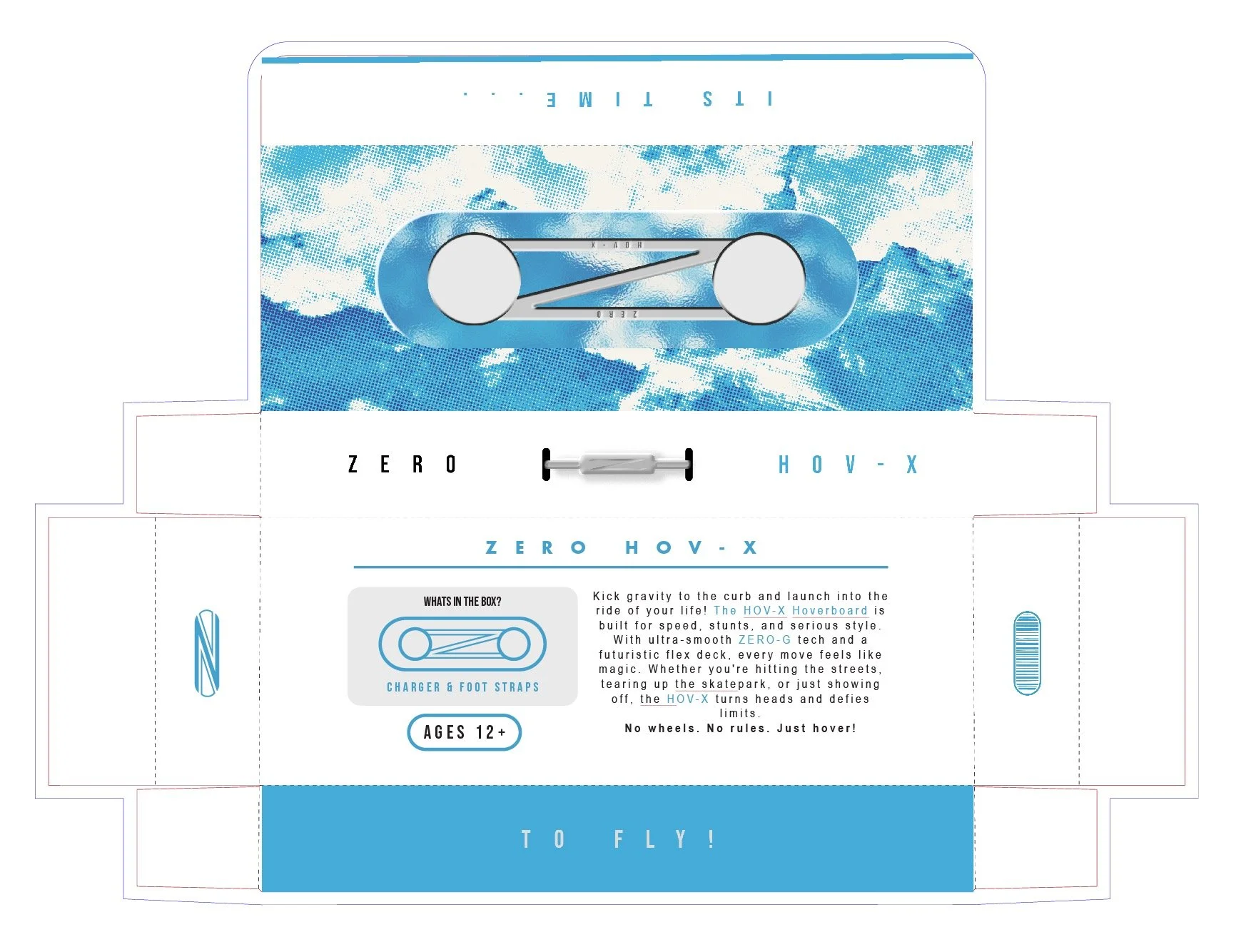 Printed packaging design for the HOV-X hoverboard. Features blue cloud graphics, labeled as 'Zero HOV-X,' with a small image of the hoverboard's deck. Describes the hoverboard's speed, stunt capability, and style for ages 12 and up. Includes text emp