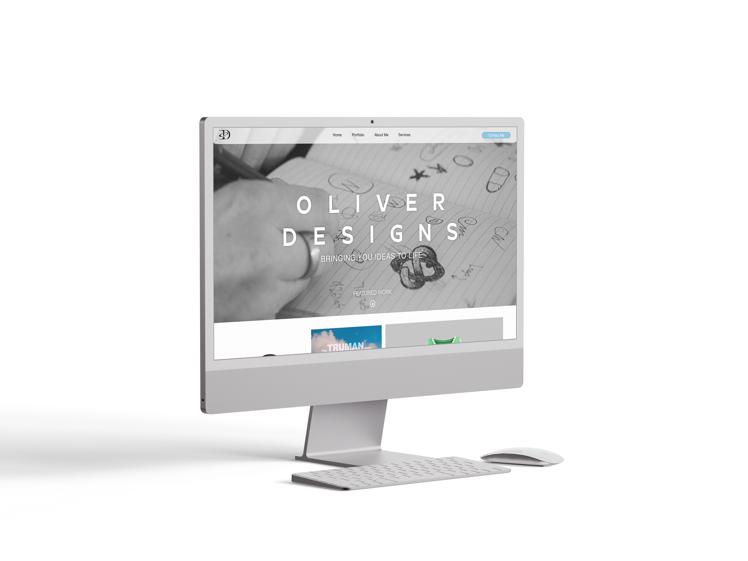 An iMac computer displaying a portfolio website for Oliver Designs, with the homepage featuring black-and-white images and text overlay, set against a background with contrasting black and white halves.