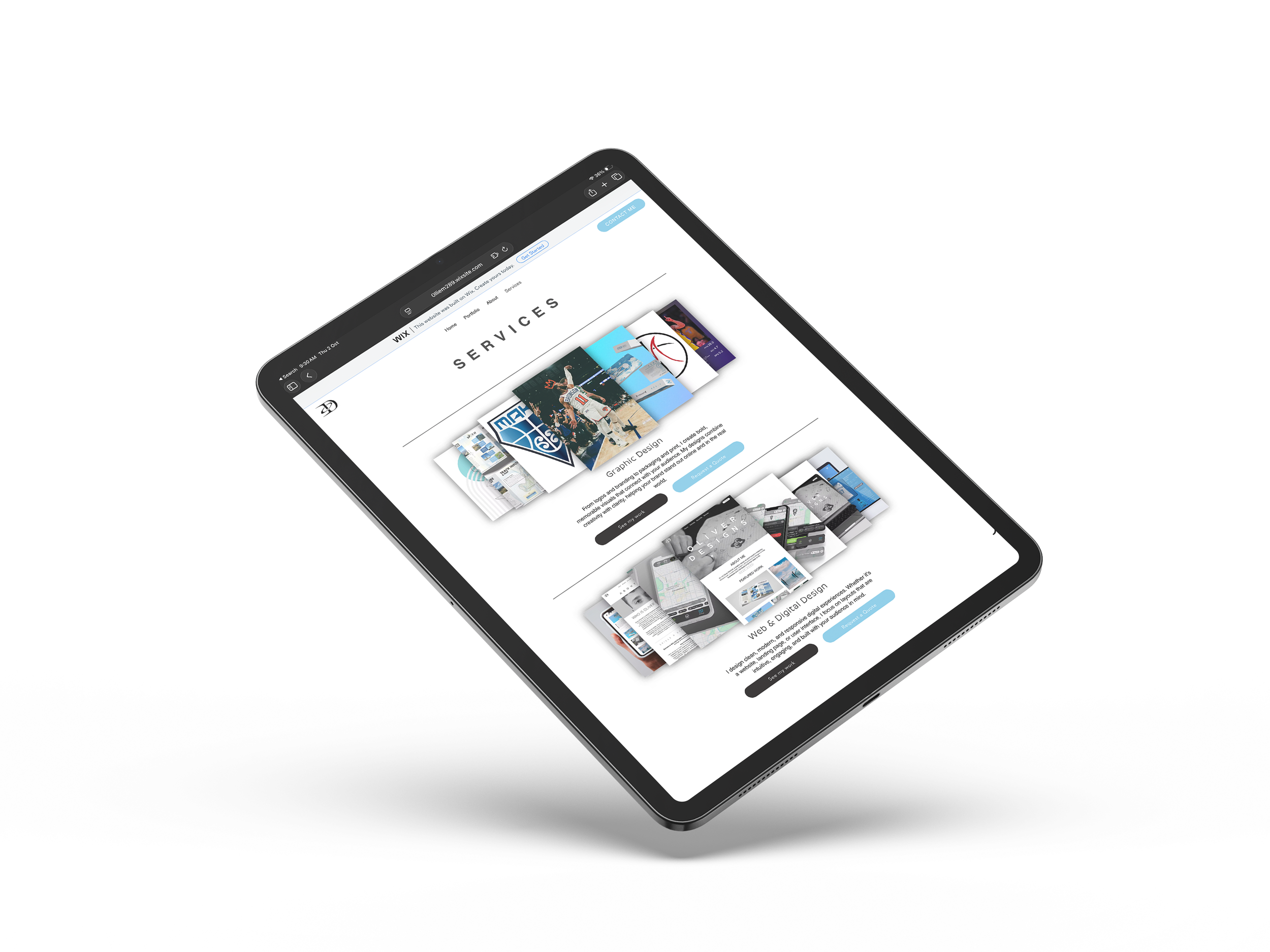 Image of an iPad displaying a website with services related to graphic design and digital design.