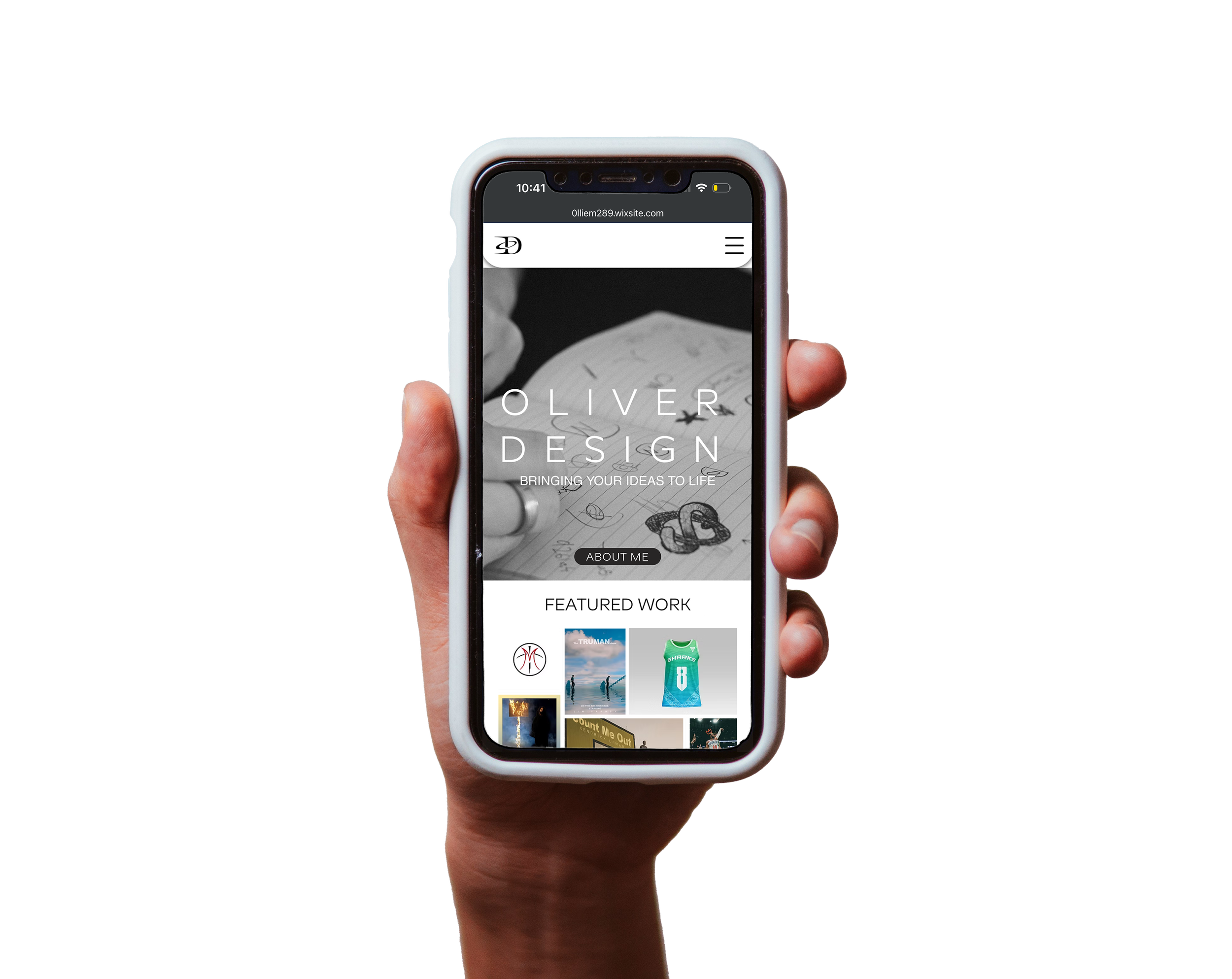 A hand holding a smartphone displaying a website for Oliver Design, featuring a black and white background with sketches, with text 'Oliver Design' and 'Bringing Your Ideas to Life', and a section showing various featured works.