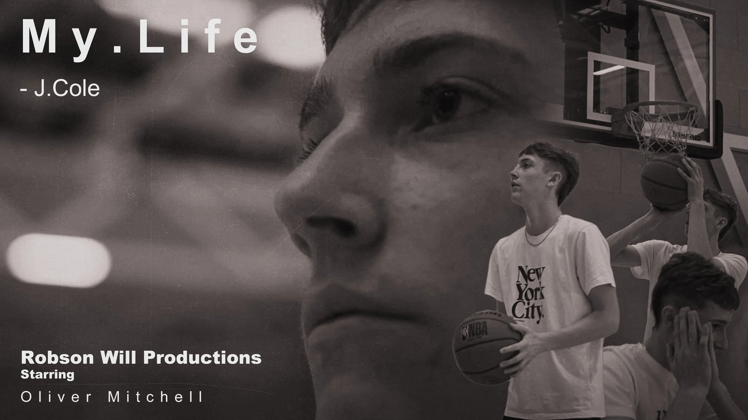 A collage with a large close-up profile of a young man's face and a basketball court scene with three young boys playing basketball in the background.