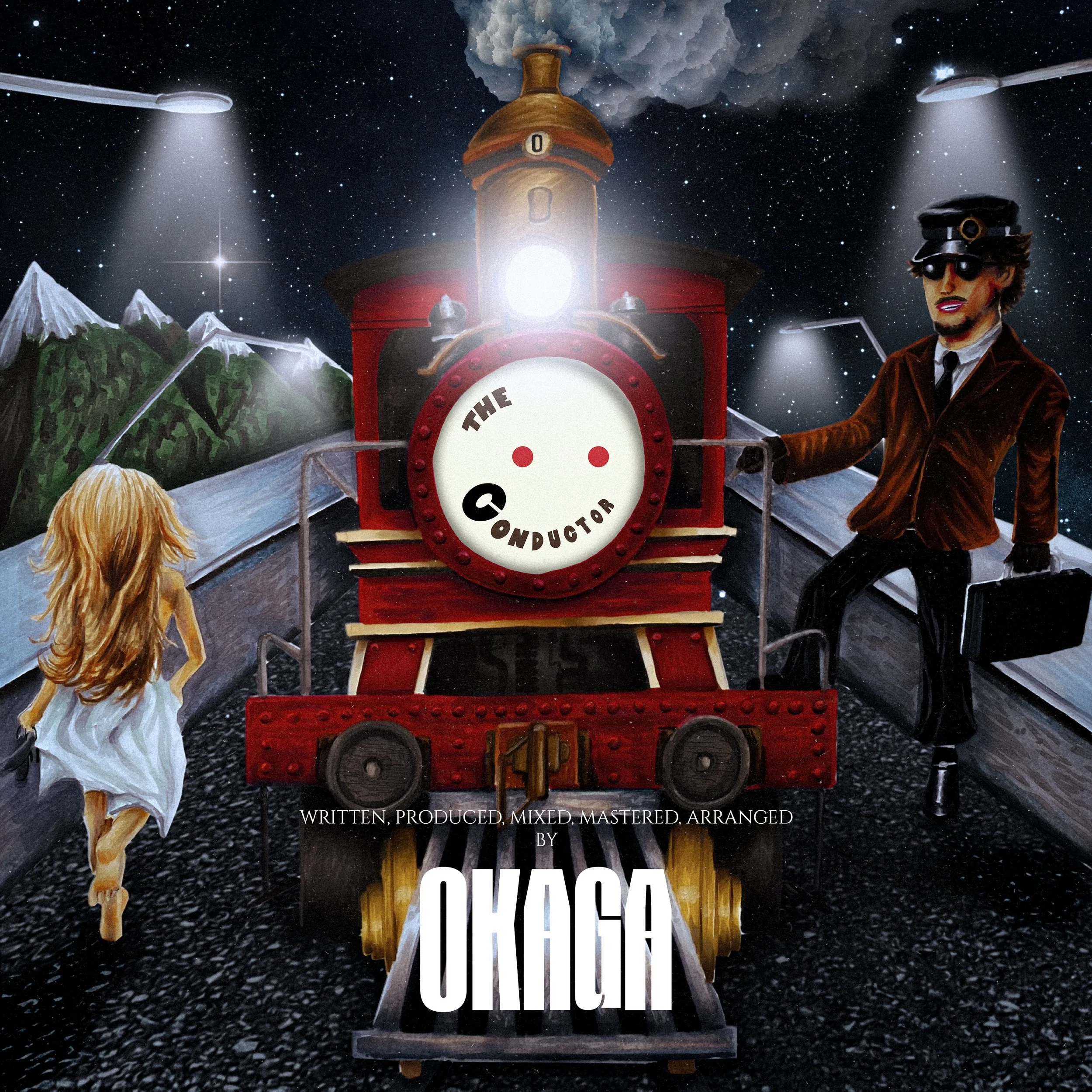 A train labeled 'The Conductor' with a smiling face on the front, traveling through a starry night sky with mountains in the background. A girl in a white dress is running away from the train, and a man in a brown coat and black hat is standing on th