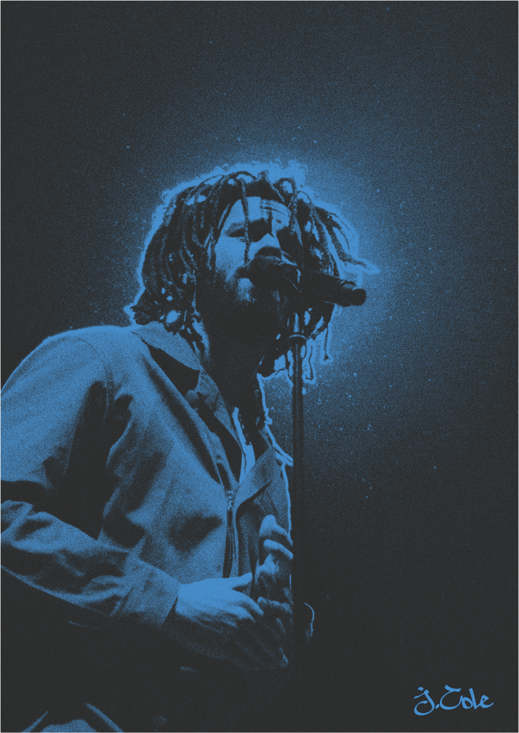A male singer with dreadlocks performing on stage, illuminated with blue lighting, holding a microphone, with the signature 'J. Cole' in the bottom right corner.