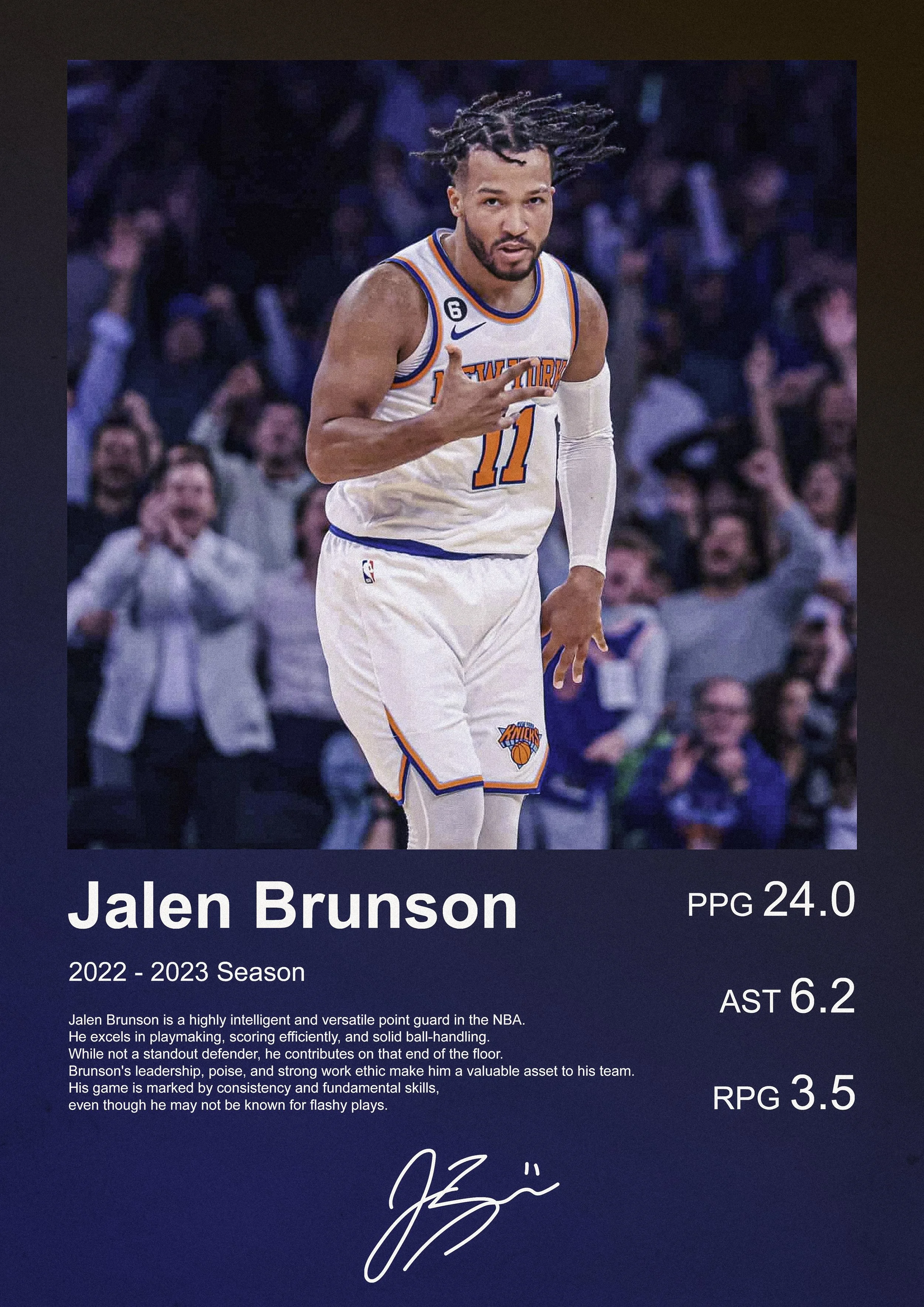 Image of Jalen Brunson in a New York Knicks uniform, making a hand gesture during a basketball game, with a crowd in the background, featuring player statistics and a signature.
