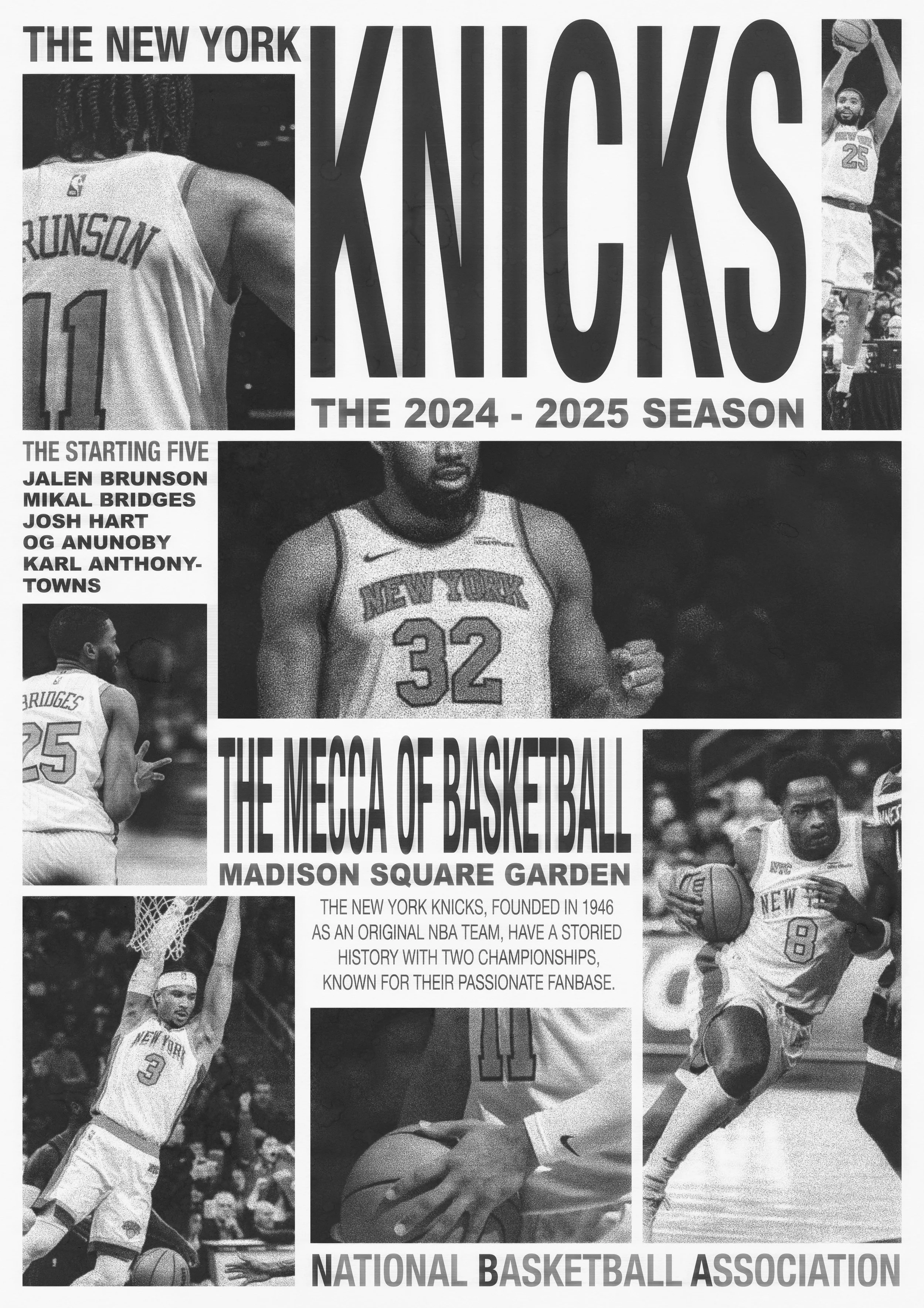 A poster about the New York Knicks 2024-2025 basketball season featuring five players in action and headshots, with headlines highlighting team history, key players, and Madison Square Garden.