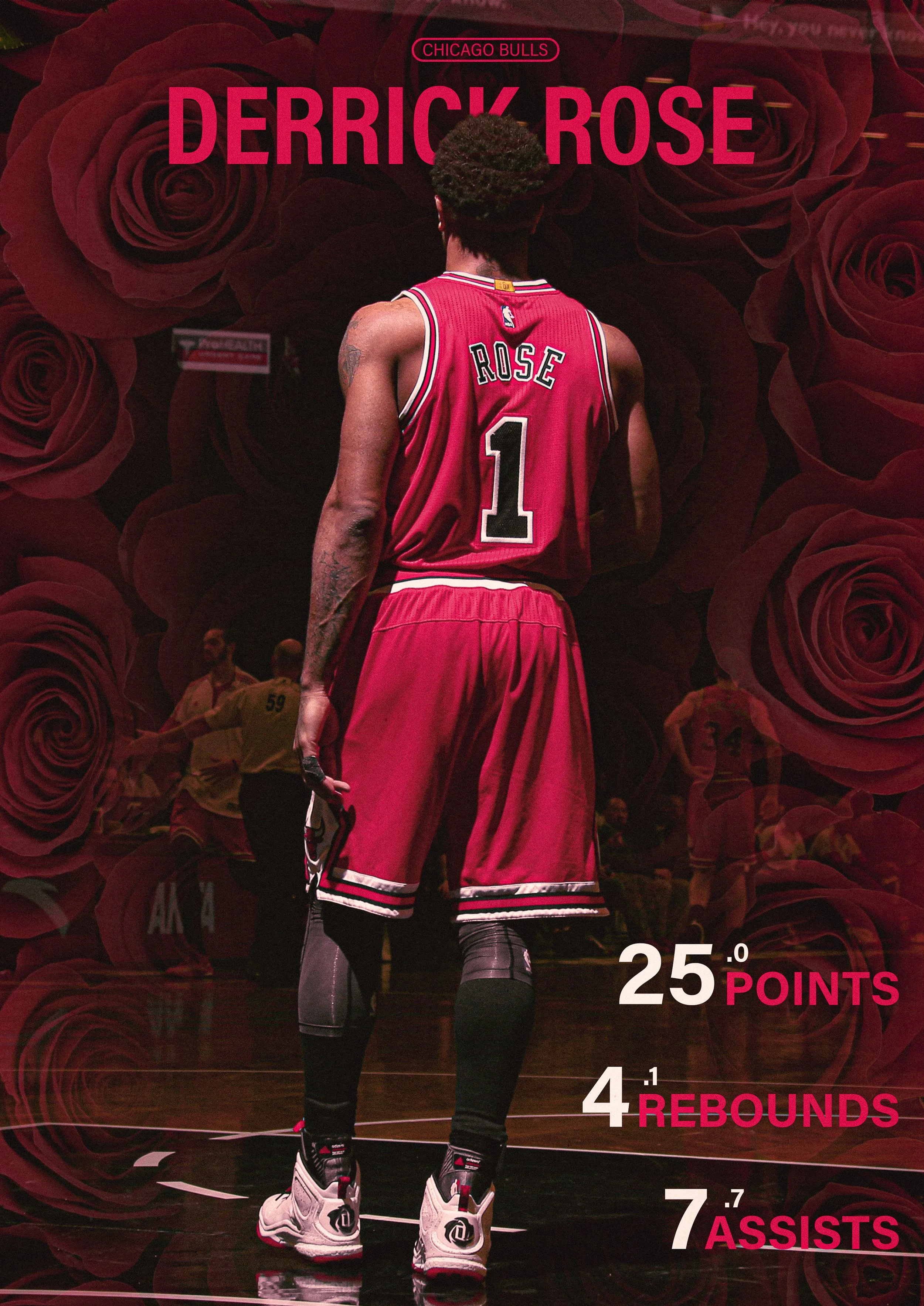 Basketball player Derrick Rose from the Chicago Bulls standing on the court with a background of red roses, showing his game statistics of 25 points, 4.1 rebounds, and 7.7 assists.