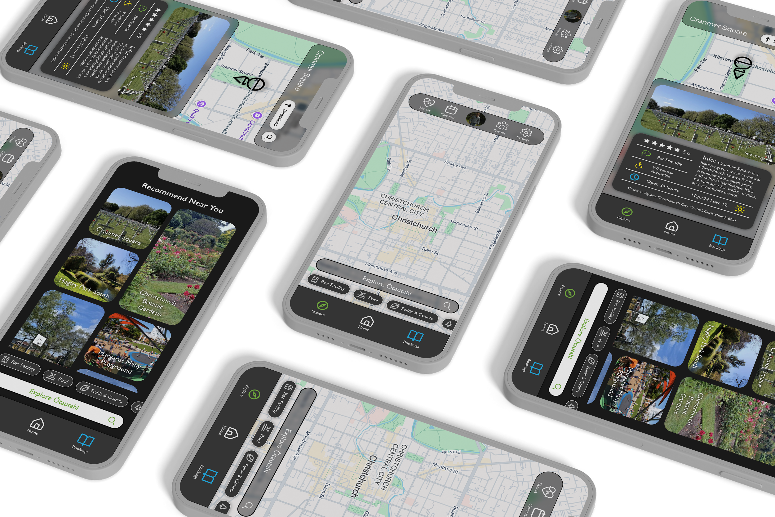 Multiple smartphones displaying a map and park information app with locations in Christchurch, New Zealand.