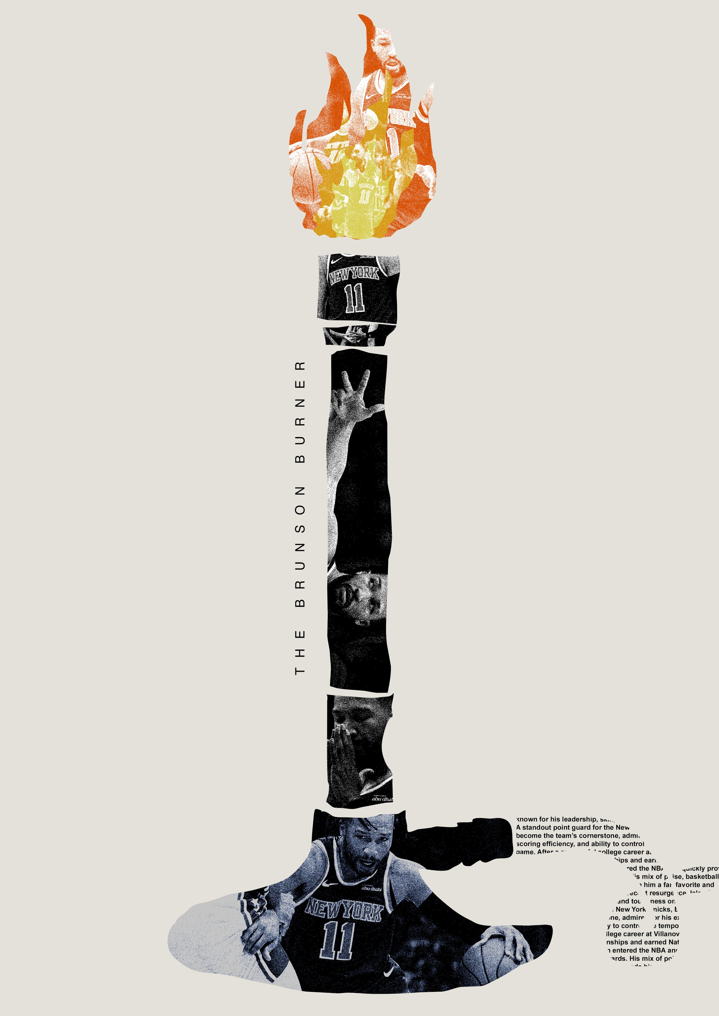 A creative collage of basketball and music images forming the shape of a guitar, featuring a basketball player, and the text "The Brunson Burner".