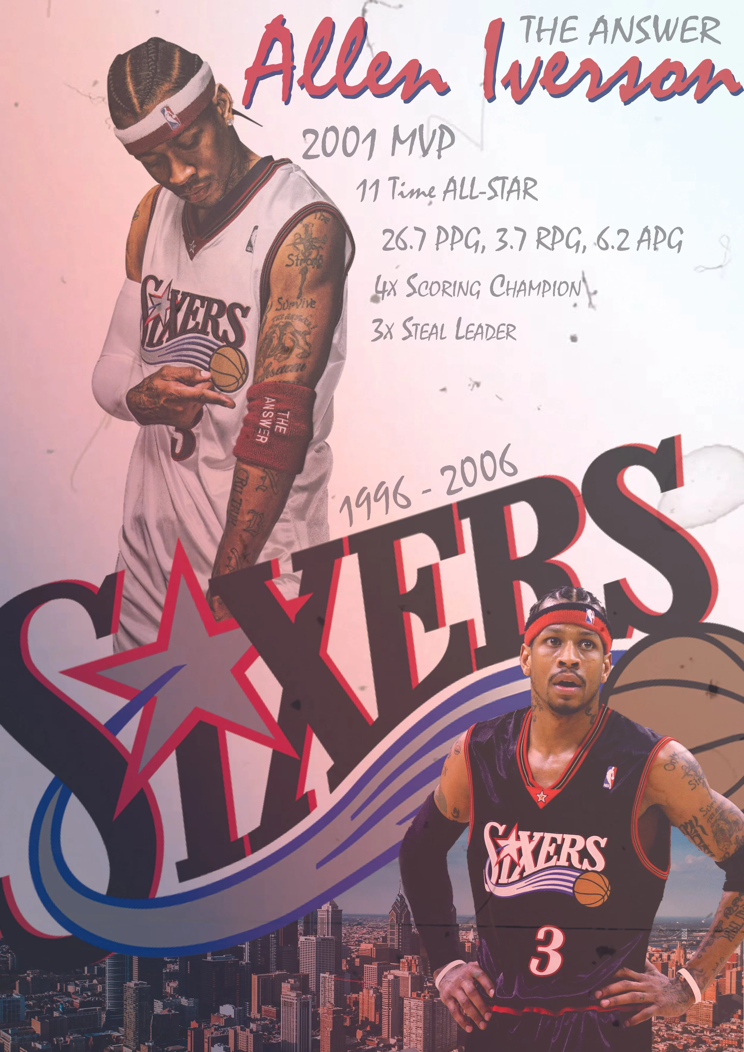 Poster of Allen Iverson with career highlights, featuring a large photograph of him in a Philadelphia 76ers basketball uniform, and a smaller image of him standing with hands on hips against a city skyline background. Highlights include 2001 MVP, 11-