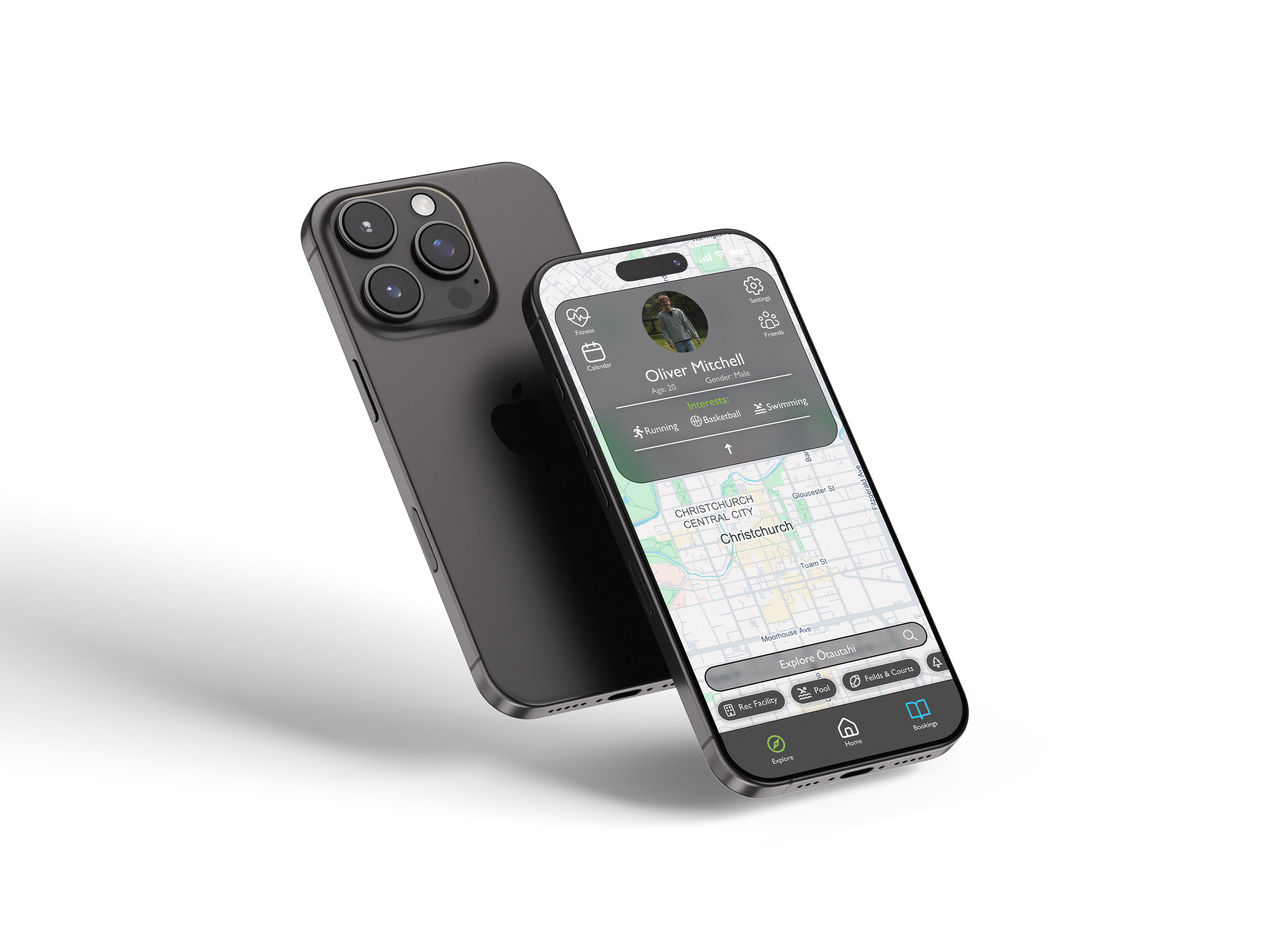 An iPhone displaying a fitness app with a profile of Oliver Mitchell, showing interests in running, basketball, and swimming, and a map centered on Christchurch.