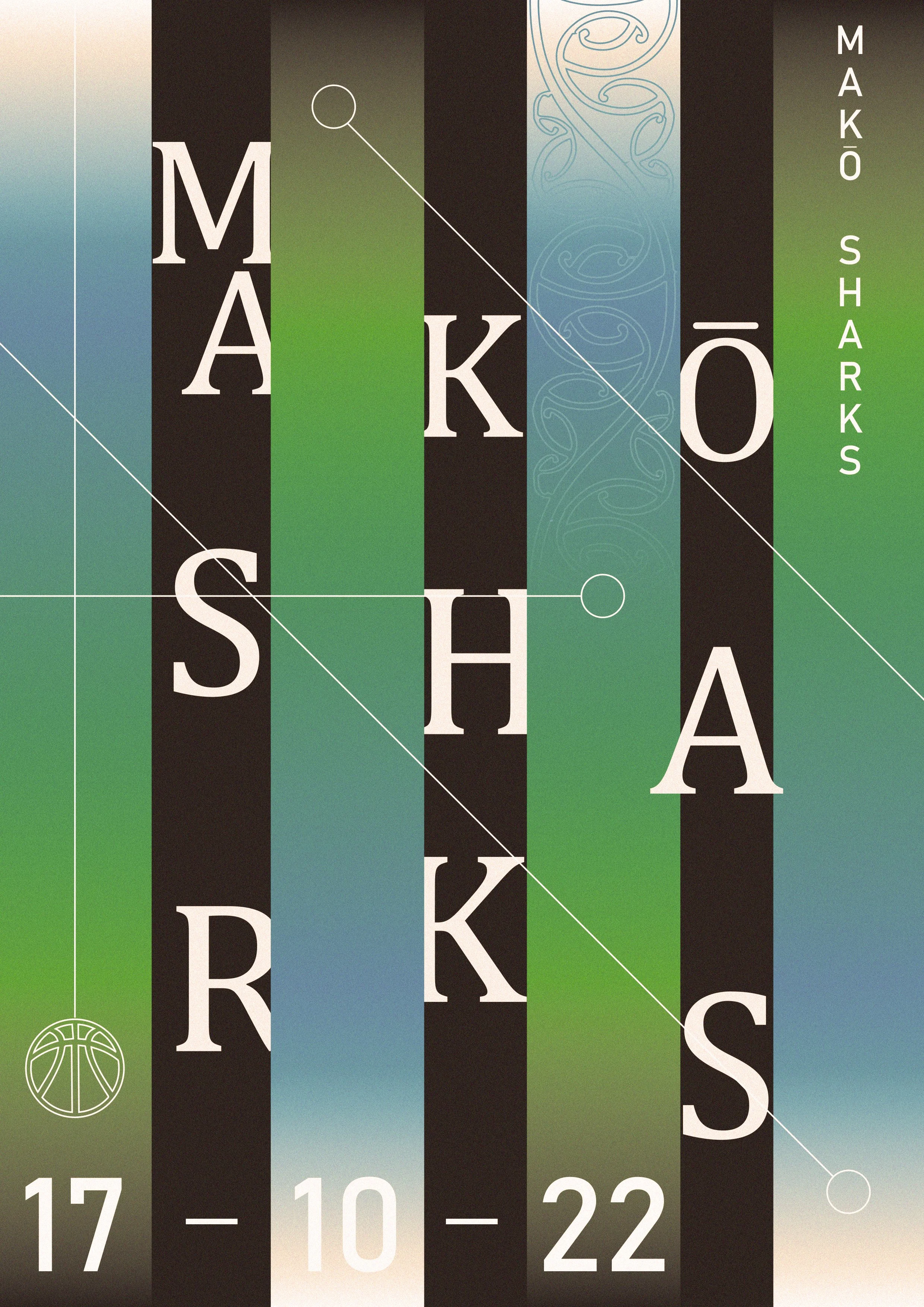 Cover of a book titled 'Mako Sharks' with vertical green, black, and blue stripes, white text, and a basketball icon with the number 17, and the years 10, 22.