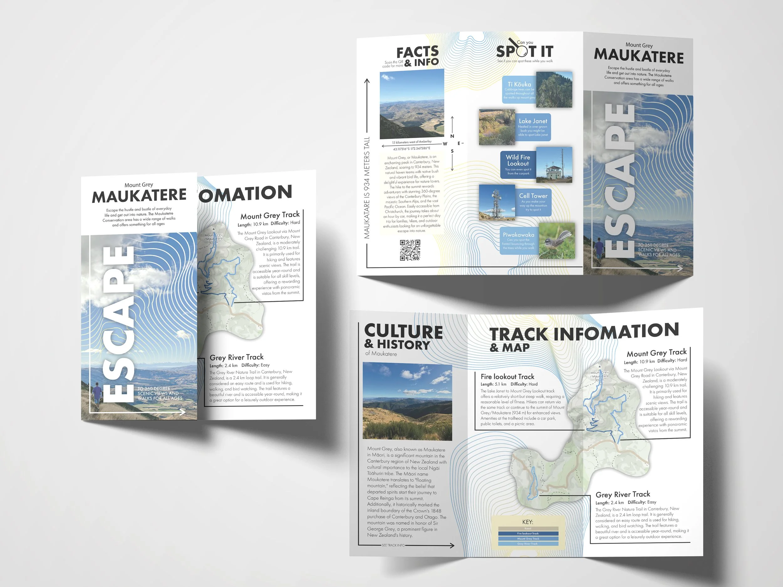 Travel brochure with information about Mount Grey, including facts, trail maps, photos of scenic views, and highlights of local sites like Lake Janet, Wildfire Lookout, and Cell Tower.