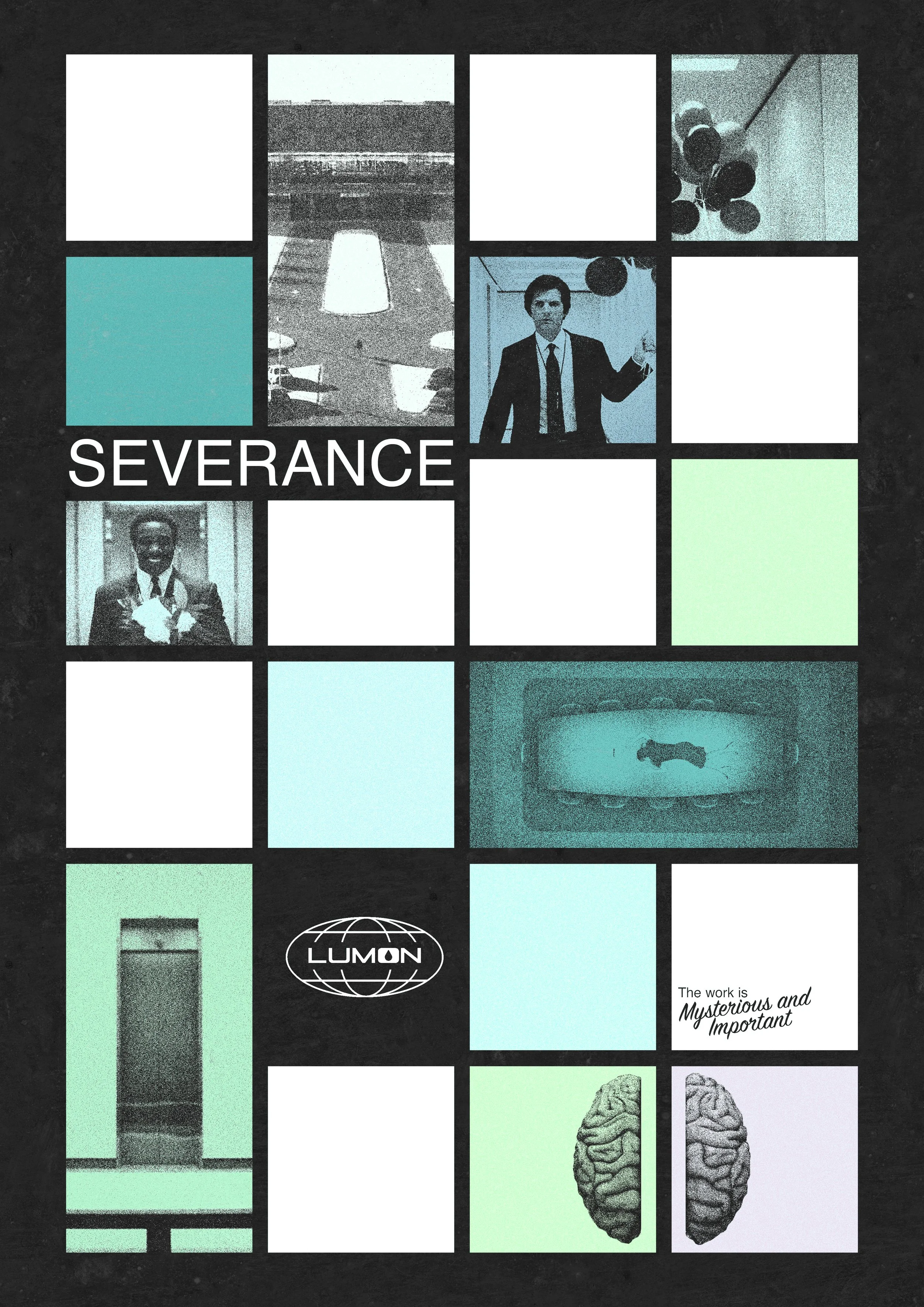 Cover art featuring a grid of photos and illustrations, including people, objects, and text, with the prominent word 'SEVERANCE' and a logo 'LUMON'.