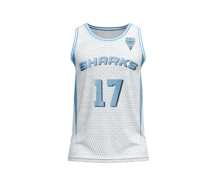 White sports jersey with light blue accents, number 17, and 'Sharks' written across the front.