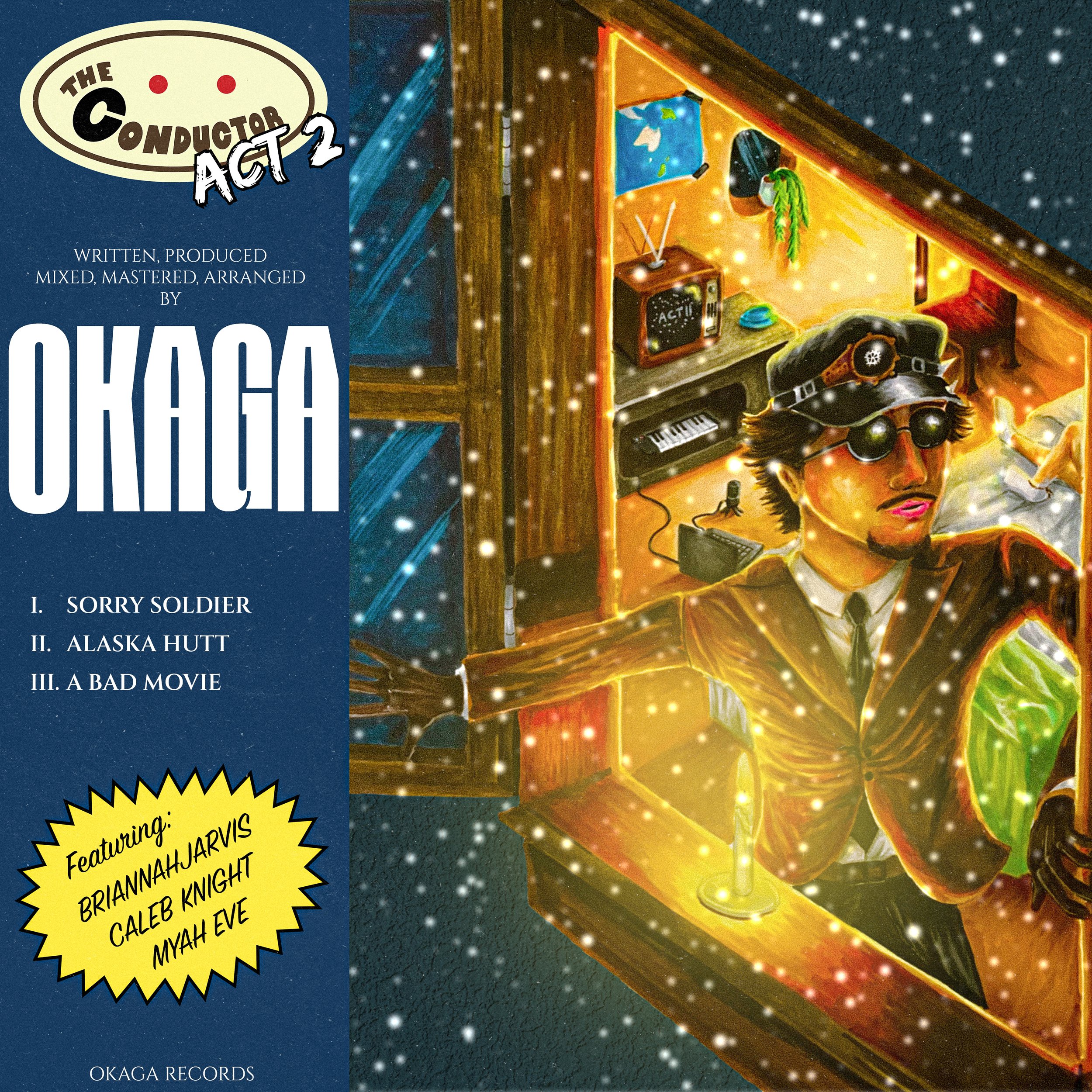 Album cover art for 'The Conductor Act 2' by Okaga, featuring a man in a gold suit wearing sunglasses and a conductor's hat, sitting in a recording studio with snow falling outside, illuminated by warm yellow and orange lighting.