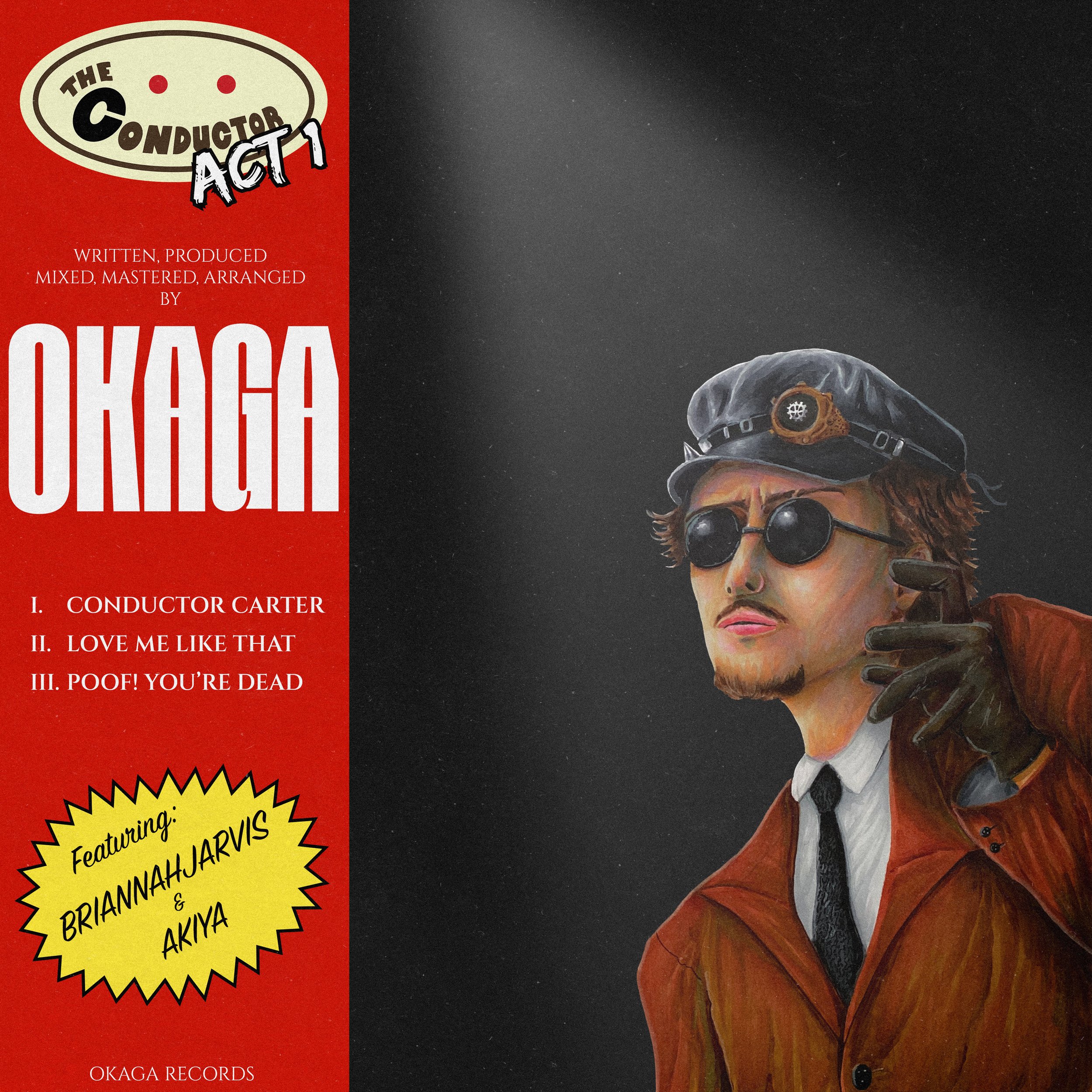 Music album cover titled "The Conductor" featuring an illustrated portrait of a person with sunglasses, a black cap, and a brown jacket, pointing with their right hand, set against a dark background with a red section on the left containing text.
