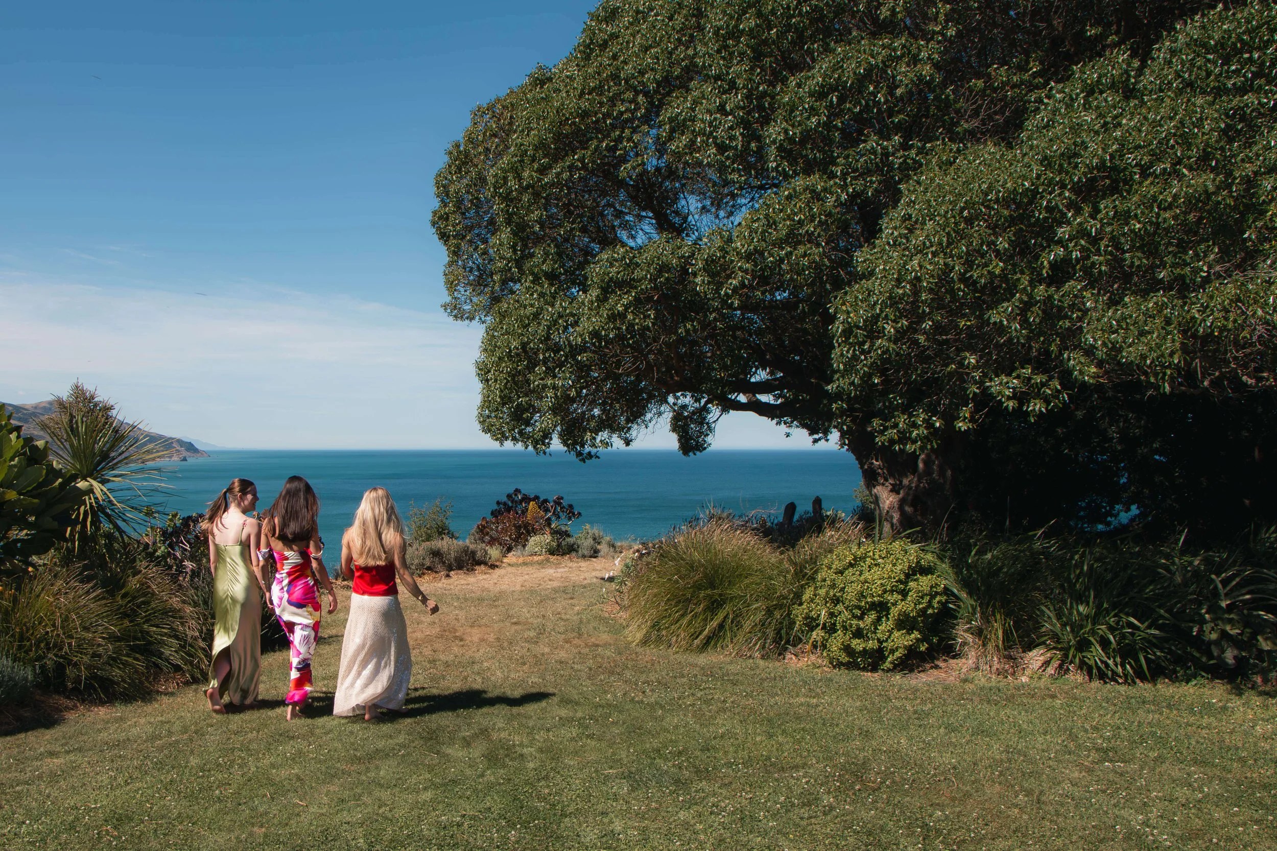 Four women dressed in colorful summer dresses walking on a grassy area near a large tree overlooking the ocean.