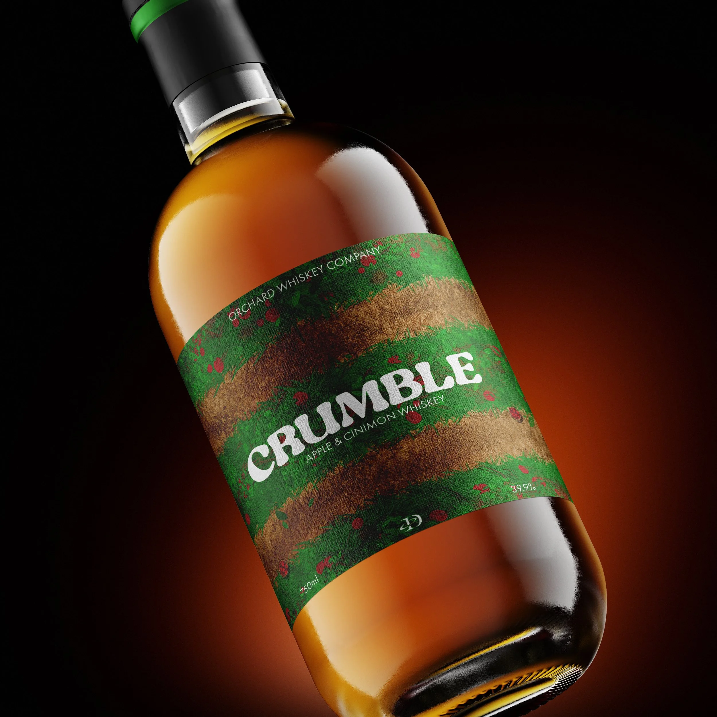 A bottle of apple and cinnamon whiskey called 'Crumble' with a green and brown label featuring images of apple trees and cinnamon sticks, against a dark background.
