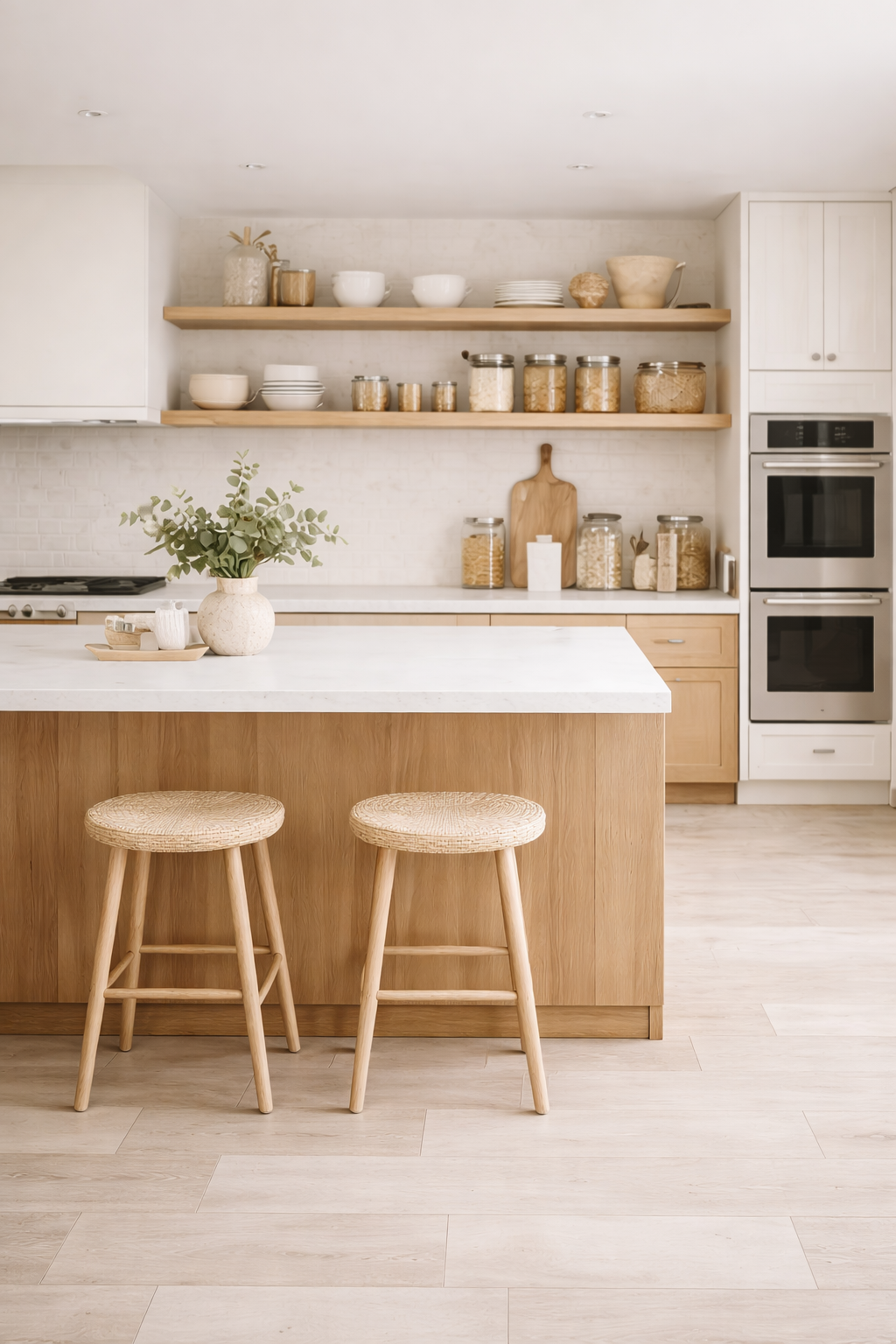 Clean, modern kitchen with wooden island, two wicker stools, open shelves with white and glass jars filled with pasta and grains, white bowls, and a vase of green foliage.