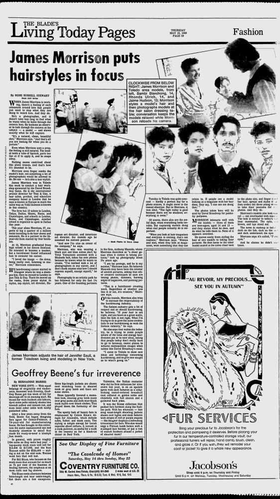 Newspaper page from The Blade's Living Today Pages, dated Thursday, May 18, 1989, featuring articles about James Morrison putting hairstyles in focus, Geoffrey Beene's fur irreverence, and advertisements for furniture and fur services.