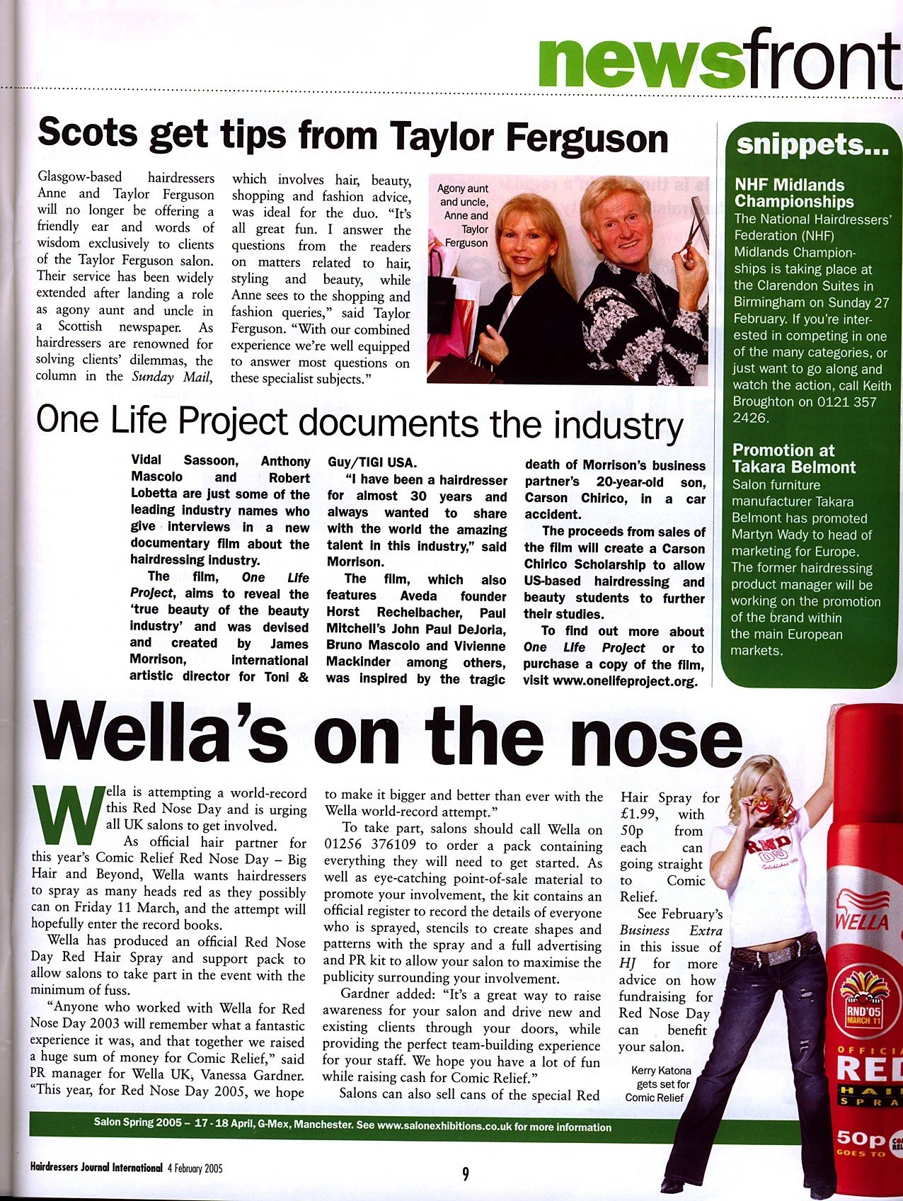 A newspaper page featuring articles about hairdressers and beauty industry events, including a photo of a woman with red hair making a face and a man with gray hair holding scissors. The page includes sections on tips from Taylor Ferguson, a document