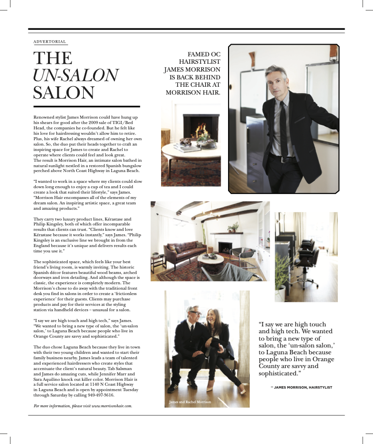 Page layout of a magazine or brochure promoting Morrison Hair salon, featuring images of the salon interior, a hairstylist, and clients, with text about the salon's style and philosophy.