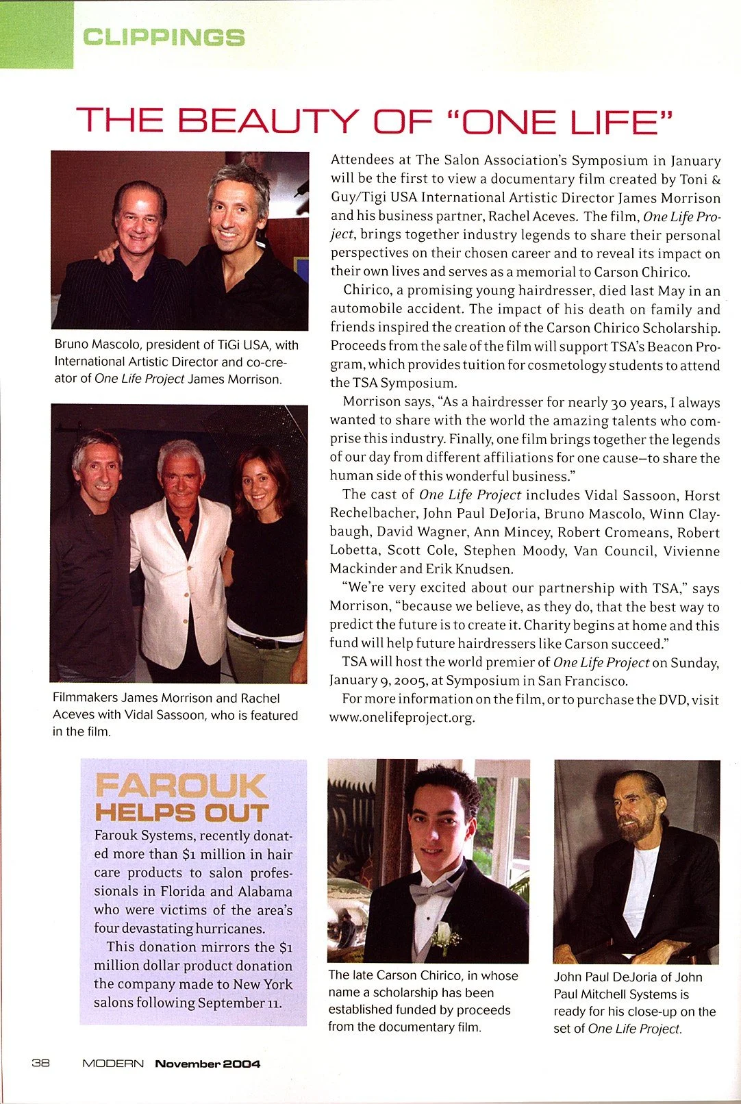 Magazine page with articles on documentary film 'One Life Project,' featuring photos of James Morrison, Rachel Aceves, Vidal Sassoon, Carson Chirico, and John Paul DeJoria, and an article about Farouk System's donation for hurricane relief.