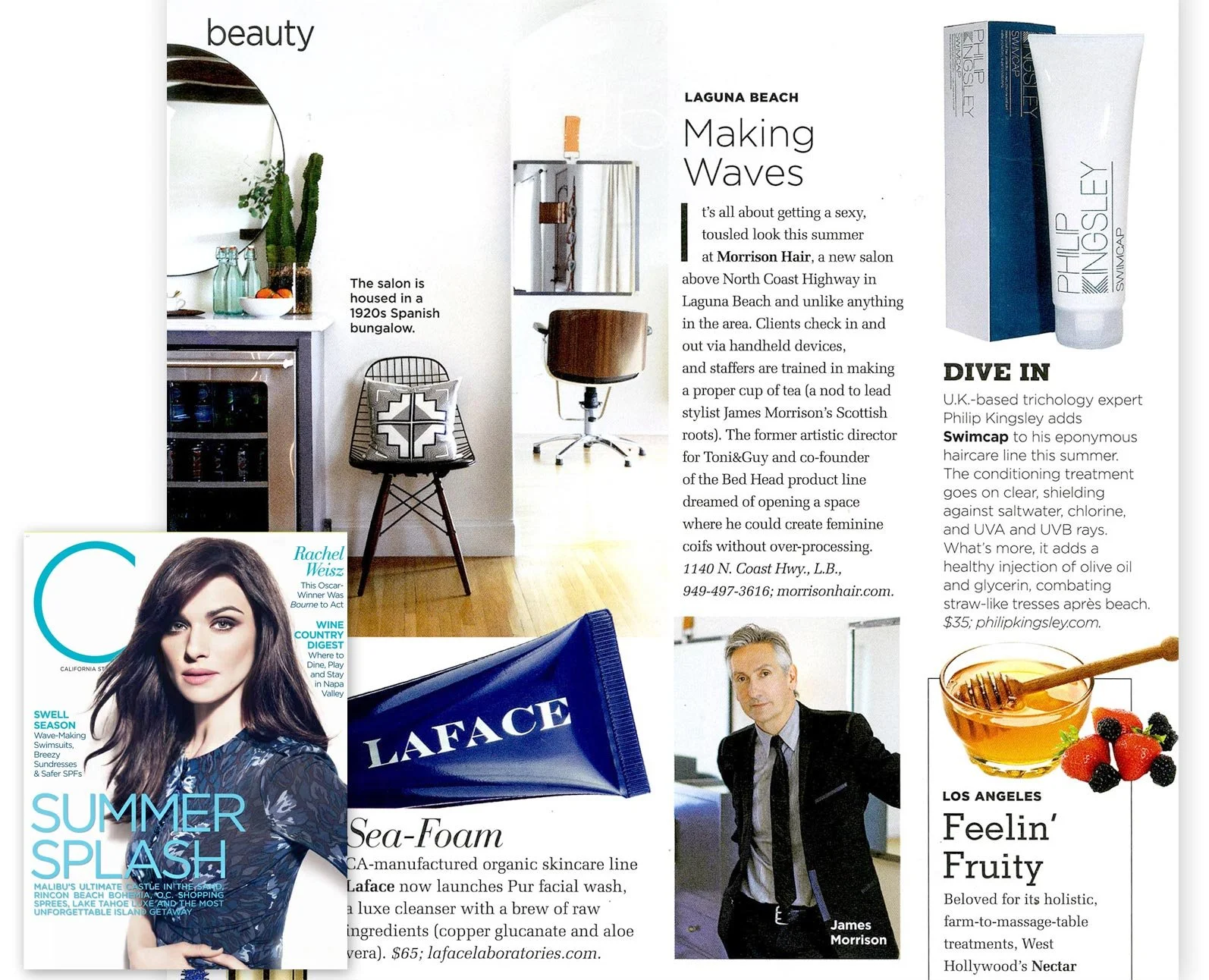 A magazine page featuring a hairdressing salon, skincare product, and lifestyle tips. The salon is housed in a 1920s Spanish bungalow, with modern interior decor. There is a close-up of a woman on a magazine cover, with text about summer fashion, and