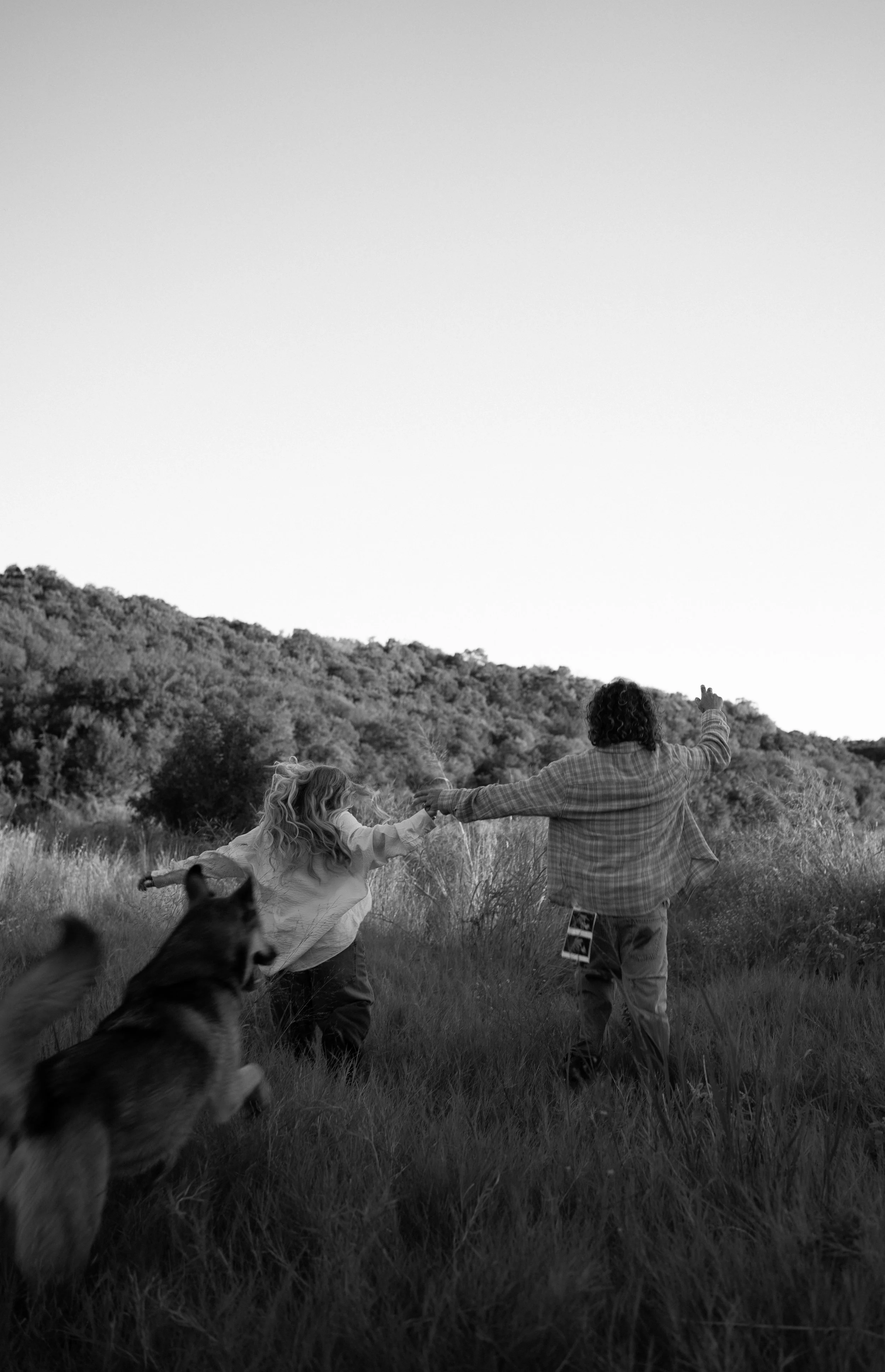 A playful black-and-white moment in Rainbow, TX, capturing movement and carefree energy with their dogs.