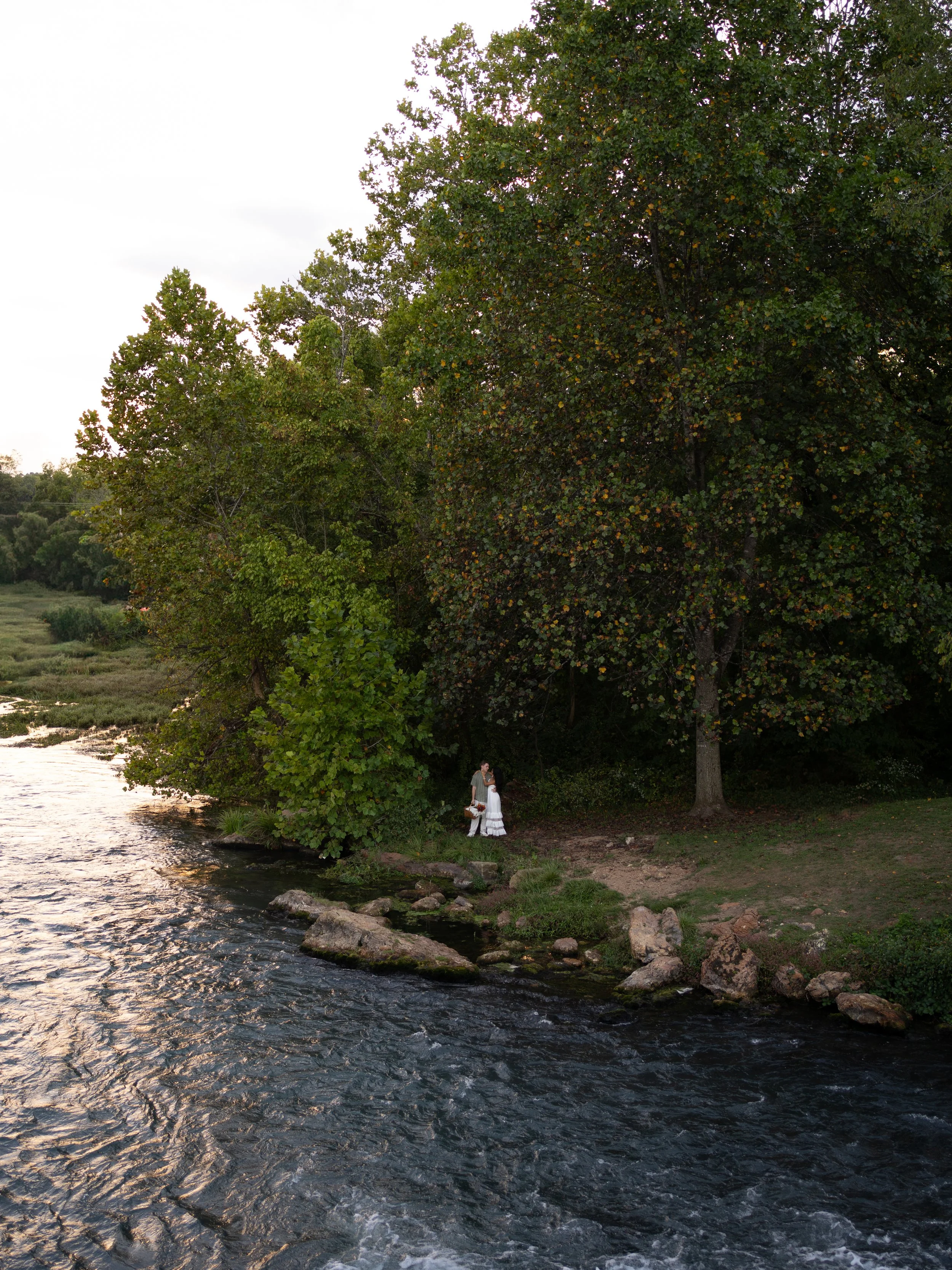 A peaceful riverside portrait in Mammoth Springs, AR, where the couple is framed within the surrounding landscape.