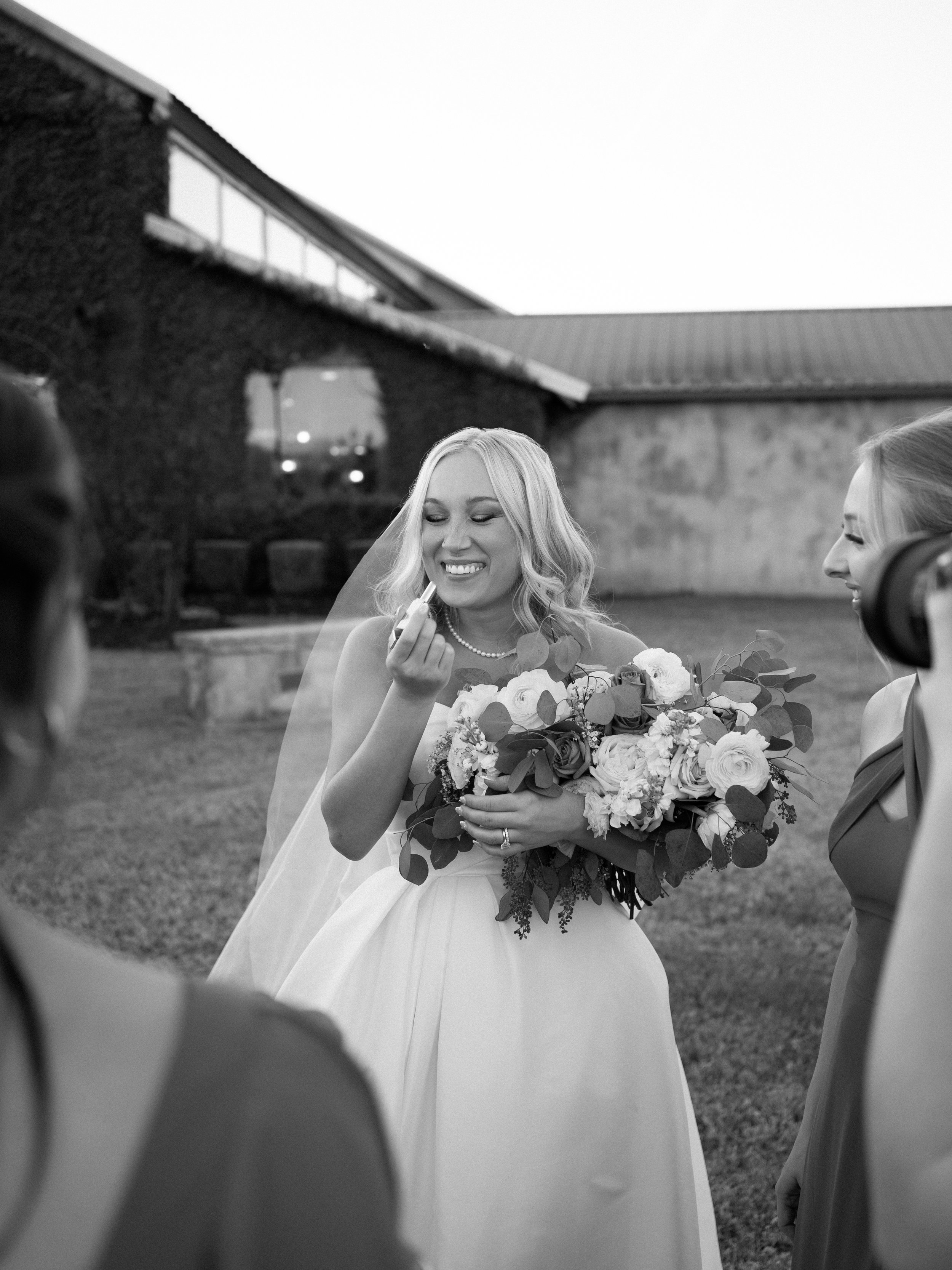 A soft, candid bridal portrait in Montgomery, TX, capturing a genuine smile and relaxed joy just after the ceremony.