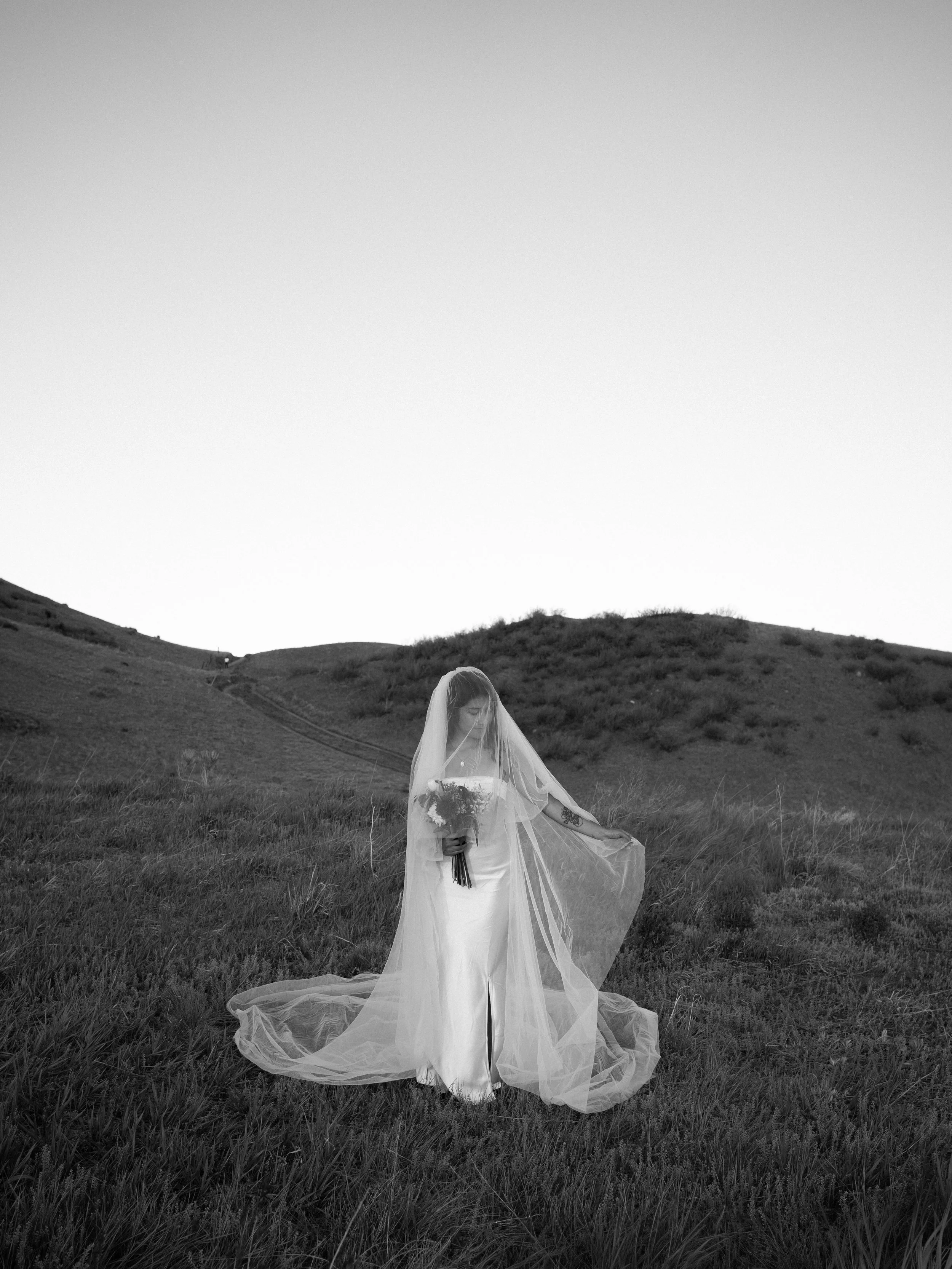 A timeless black-and-white portrait in Boulder, CO, highlighting elegance, movement, and form.