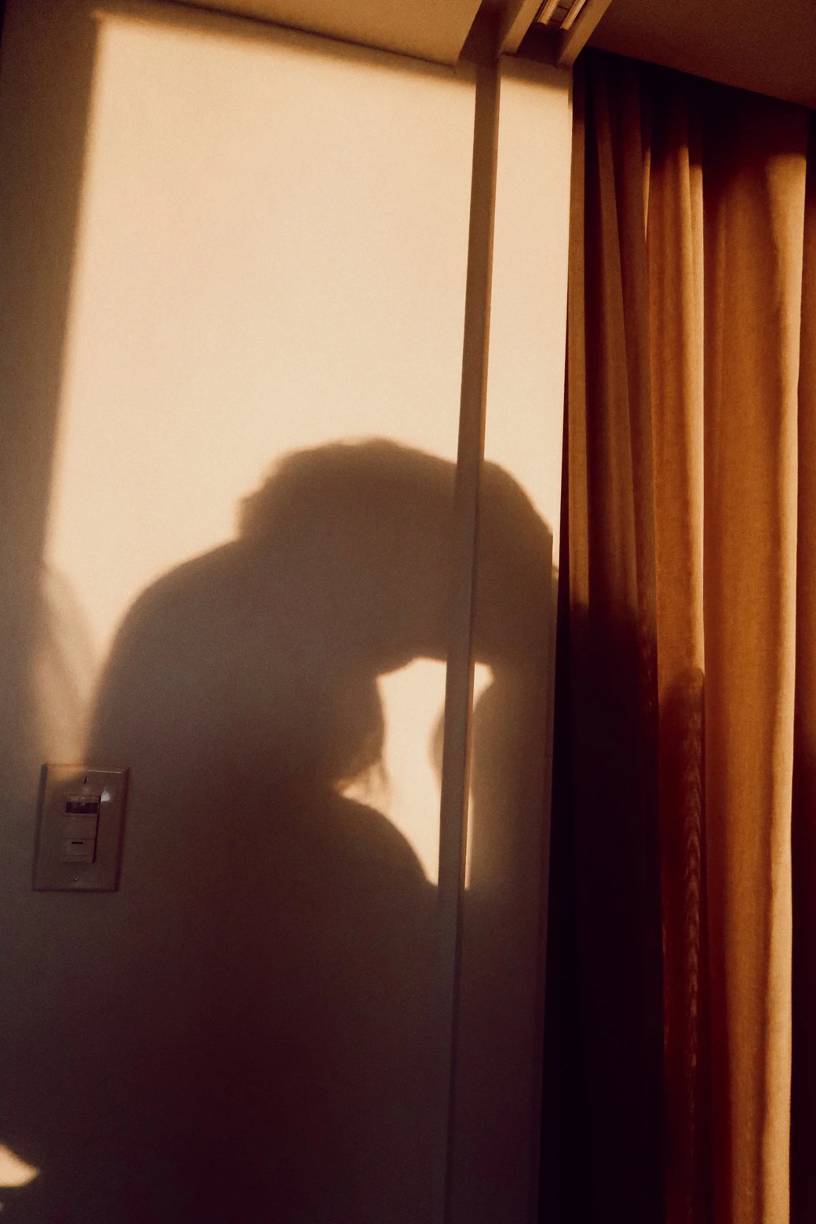 A romantic silhouette of the couple sharing a quiet kiss in Houston, Texas, captured through soft light and shadow.