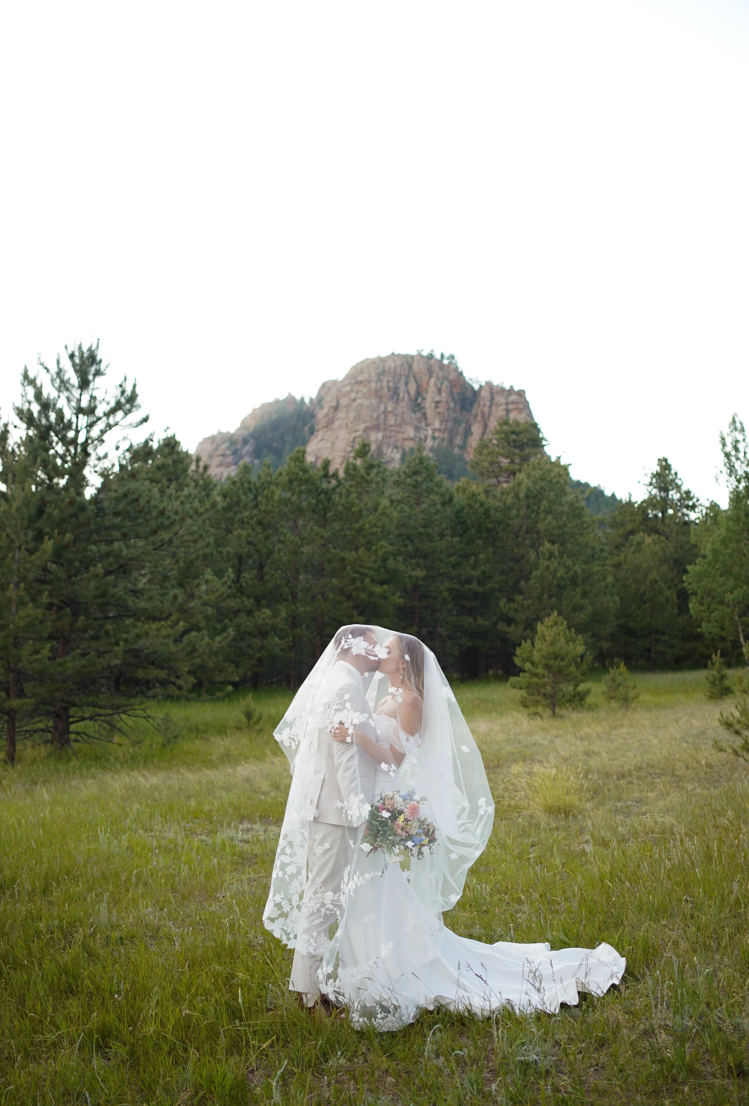 Bride and groom standing in a flowing veil surrounded by nature during a romantic Pine, Colorado wedding. Veil shot