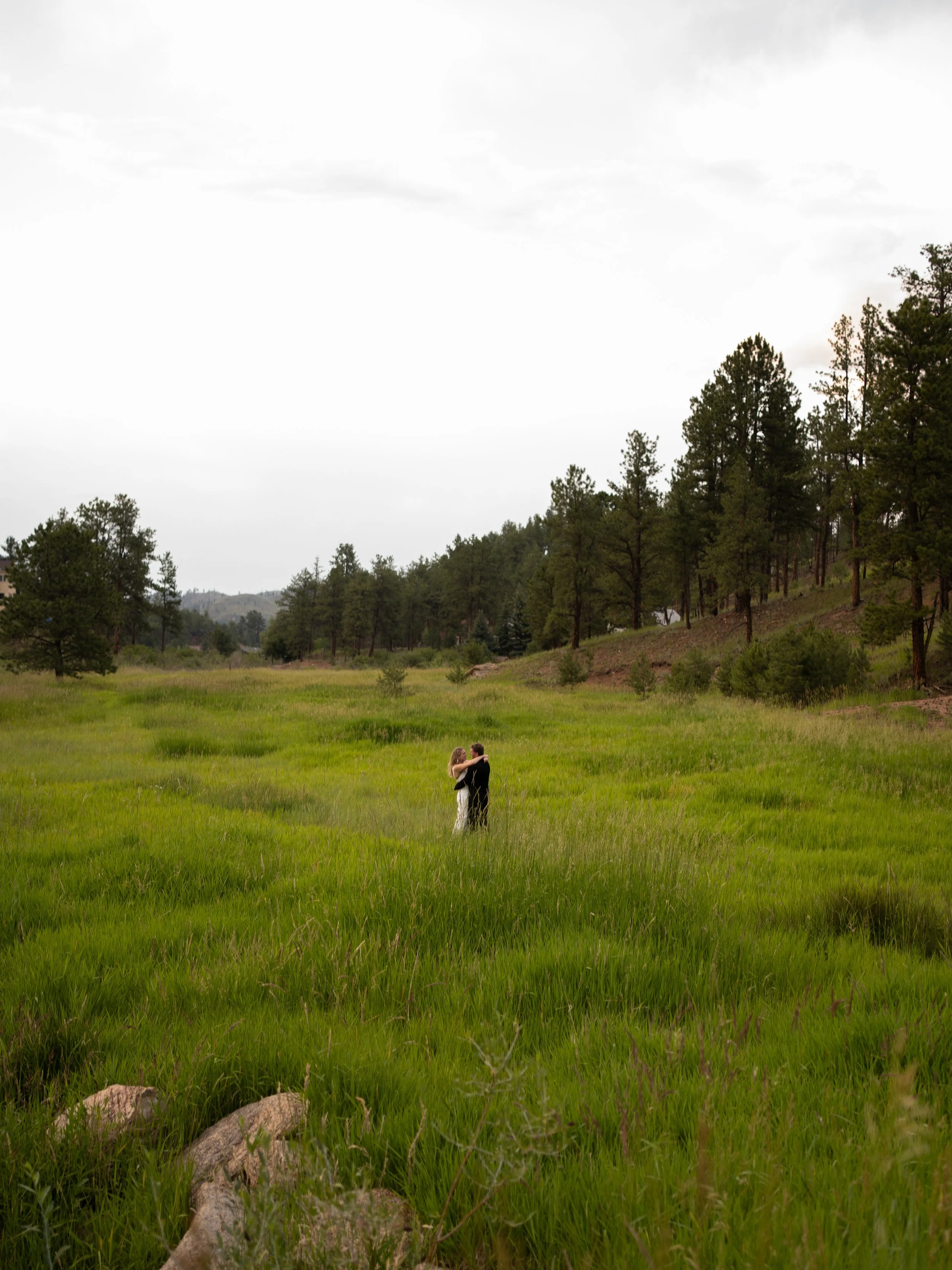 A scenic portrait at Pikes Peak Ranch, showcasing the couple surrounded by open fields and mountain views.