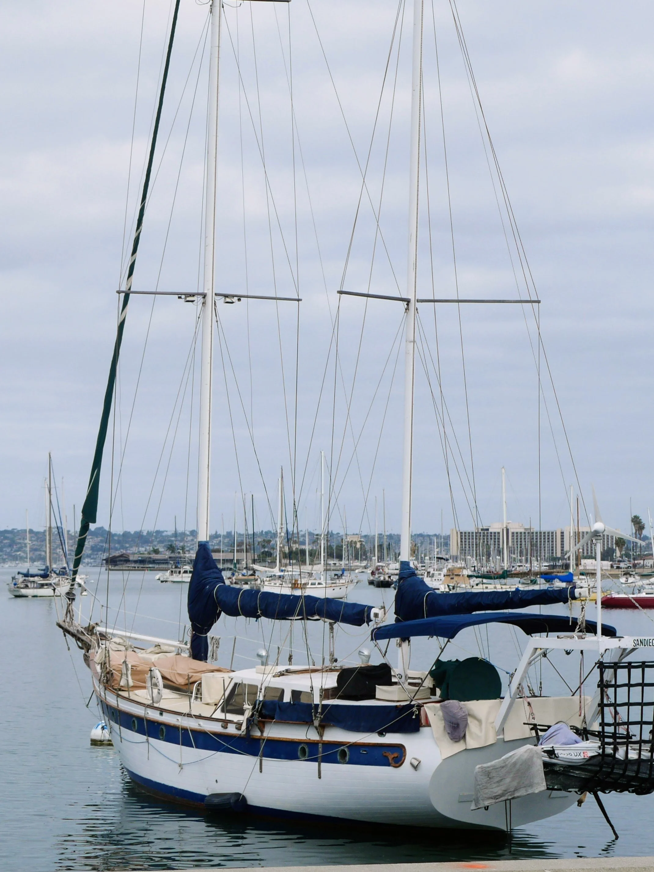 A sailboat docked in a marina with a cityscape in the background, under a cloudy sky.